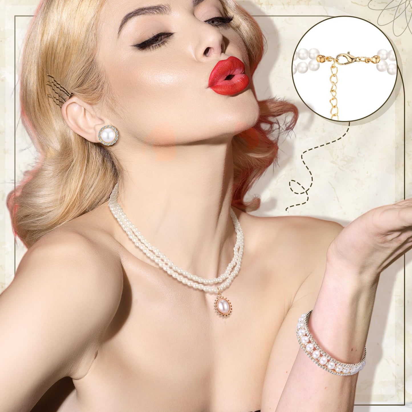 Glenmal Pearl Rhinestone Jewelry Set for Women Pearl Necklace Bracelet Earrings for Wedding Birthday Bridal Shower Tea Party(Delicate Style)