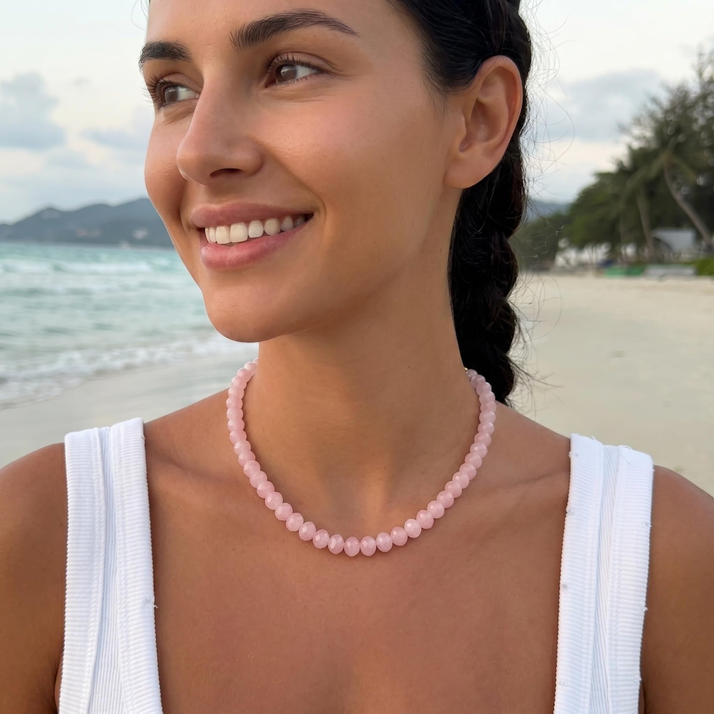 Badu Pink Gemstone Beaded Necklace for Women Natural Stone Bead Beach Choker Necklace Fashion Trendy Jewelry Gifts