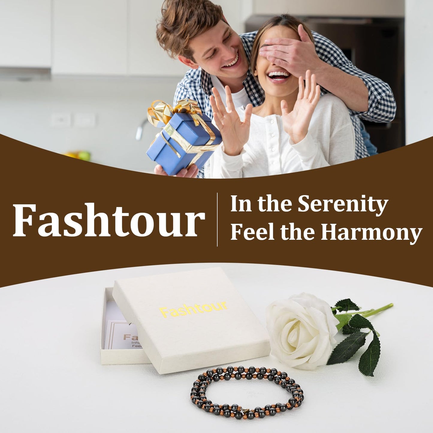 Fashtour Magnetic Hematite for Men and Women, 8MM and 6MM Magnetic Hematite with 6MM and 4MM Pure Copper, 53CM Handmade Energy (CN-Small)
