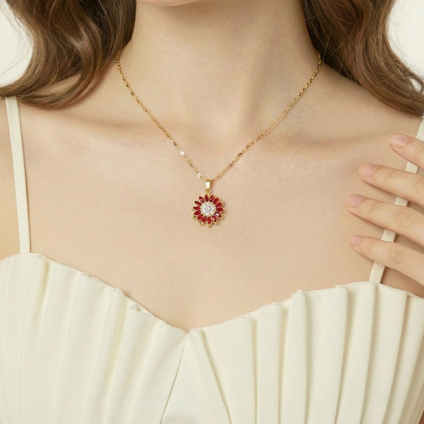KONPJE Sunflower Fidget Necklace for Women Gold Moon Necklace Rotating Heart Necklaces Spinning Crystal Sunflower Anxiety Necklaces Crescent Moons Jewelry Accessories (Gold Red)