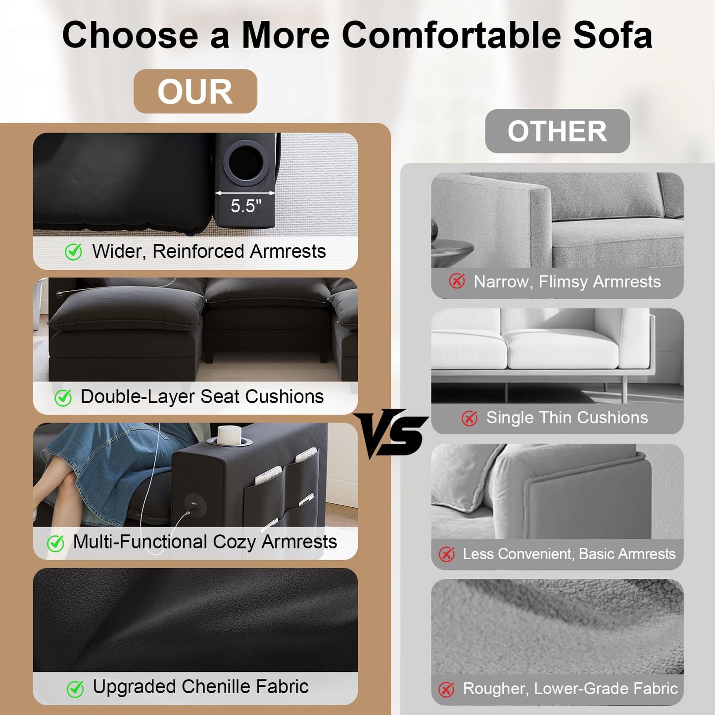 KCGKCG 152" Modular Sectional Sofa, L Shaped Cloud Couch with Movable Ottoman, Chenille Deep Seat Cloud Sofa with Charging Station, Cup Holder, Side Pocket, Sectional Couches for Living Room, Black