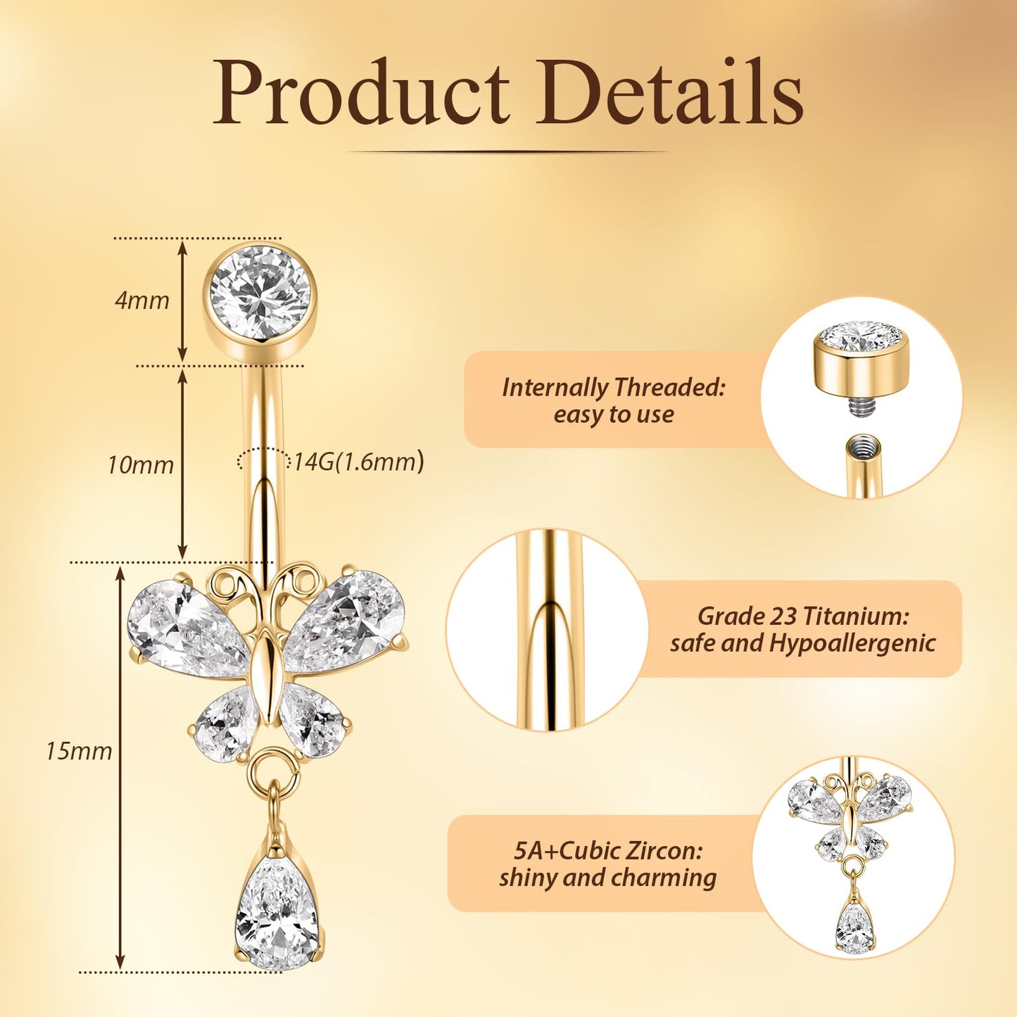 Gold Belly Button Ring 10mm for Women 14G Internally Threaded Belly Jewelry Titanium Dangle Navel Piercing Teardrop Curved Barbell with Butterfly CZ Navel Ring