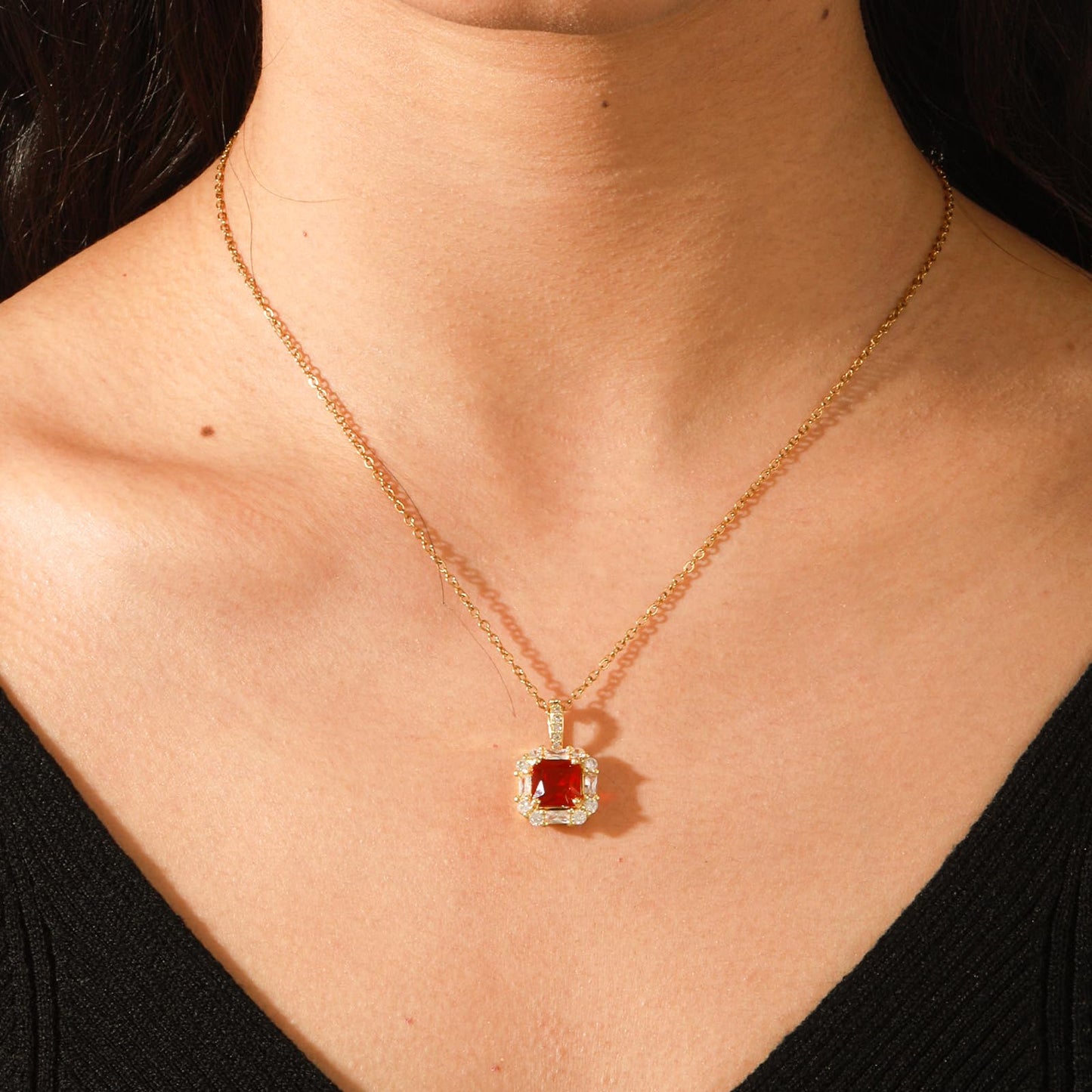 crataly Red Square Garnet Necklace for Women-Gold Plated January Birthstone Necklace For Valentines Day Mother's Day Christmas Birthday Gifts