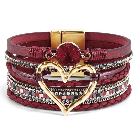 VIBILIA Boho Leather Wrap Bracelets for Women Heart Multi-Layer Bracelets with Strong Clasp Jewelry for Women - Dark Red