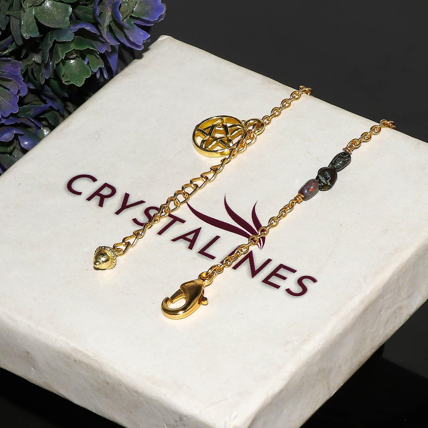 CRYSTALINES Natural Ethiopian Black Opal Gemstone Nuggets Beads, Handmade Station Dangle Star Charms Anklet, 14K Gold Plated, Adjustable Boho Jewelry for Women, Healing Crystals, Christmas Gift