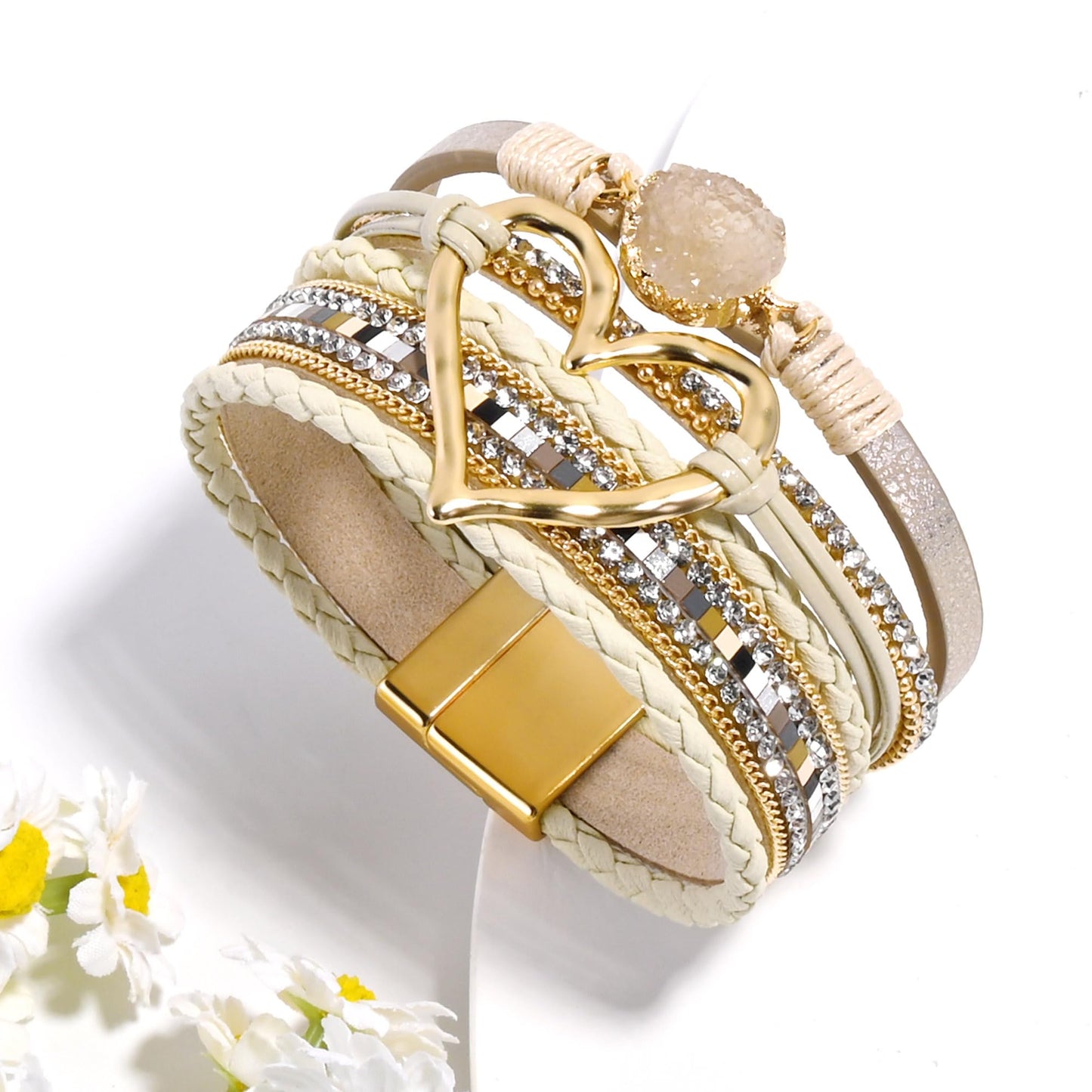 VIBILIA Boho Leather Wrap Bracelets for Women Heart Multi-Layer Bracelets with Strong Clasp Jewelry for Women-Khaki