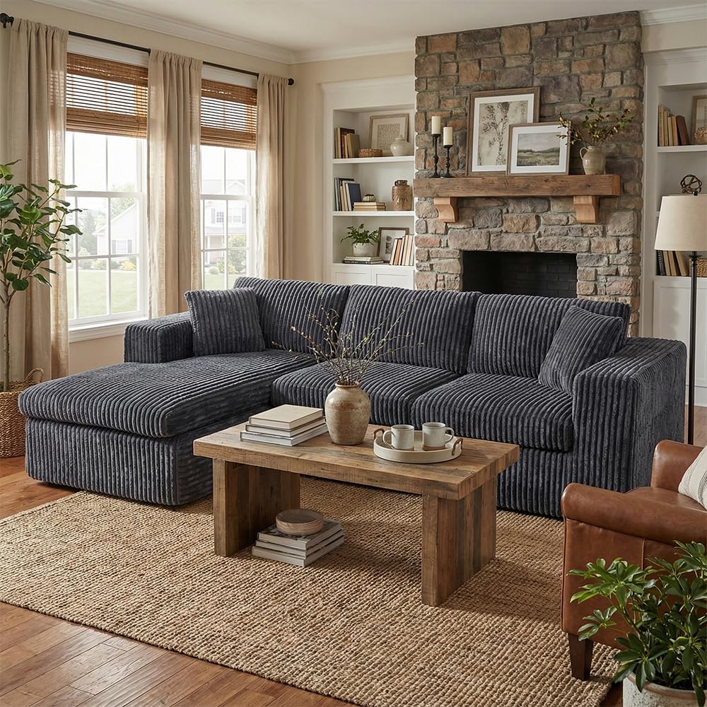Shintenchi 105" Boneless Couch for Living Room,L Shaped Modular Cloud Sectional Sofa,Fluffy Corduroy Couch with Deep Seated Oversized Chaise Lounge,No Assembly Needed,Dark Gray