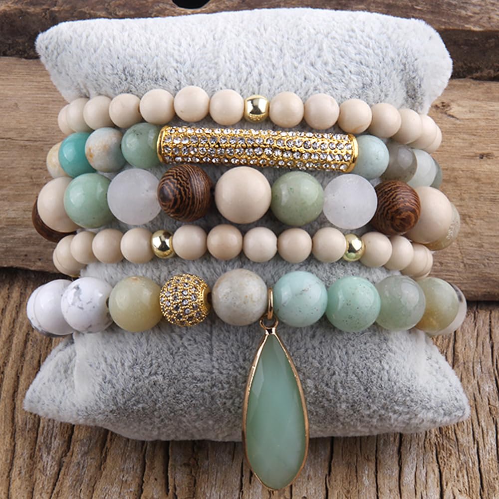 Yomisa Boho Beaded Bracelets for Women,Multilayer Wrap 5PCS Healing Natural Stone Agate Bead Bracelets Handmade Stackable Friendship Stretchy Beaded Bracelet Set Trendy Bohemian Jewelry Gift for Women