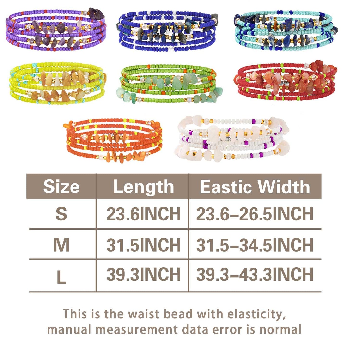 ELABEST Adjustable Handmade Waist Beads Stretchy 23-52 inch 8Pcs Chakra Yoga Body Belly Beaded Women Waist, Anklet, Bracelet, Necklace Jewelry with Screw clasp (Chakra, 39.3inch/100cm)