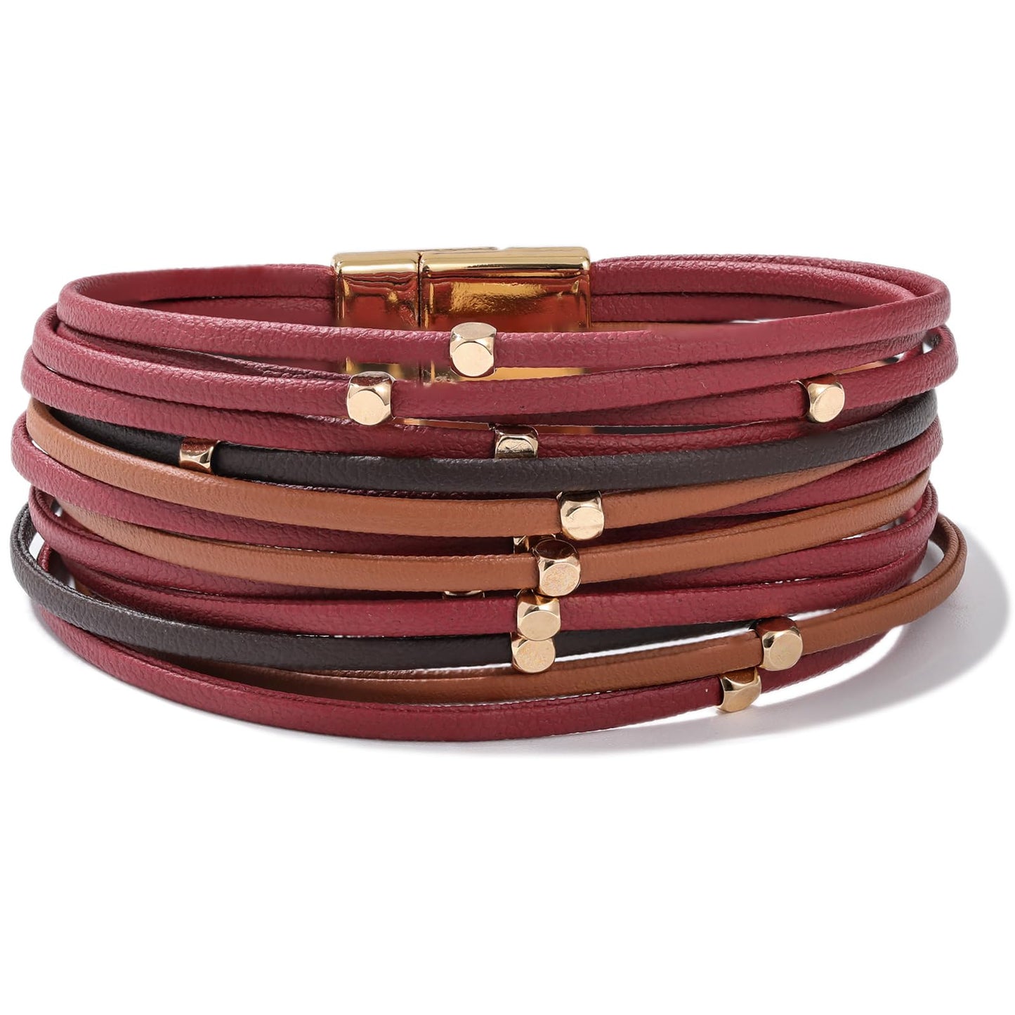 FANCY SHINY Beaded Leather Wrap Bracelets Cute Boho Stackable Bangle Cuff with Magnetic Clasp Layered Trendy Jewelry for Women(Burgundy)