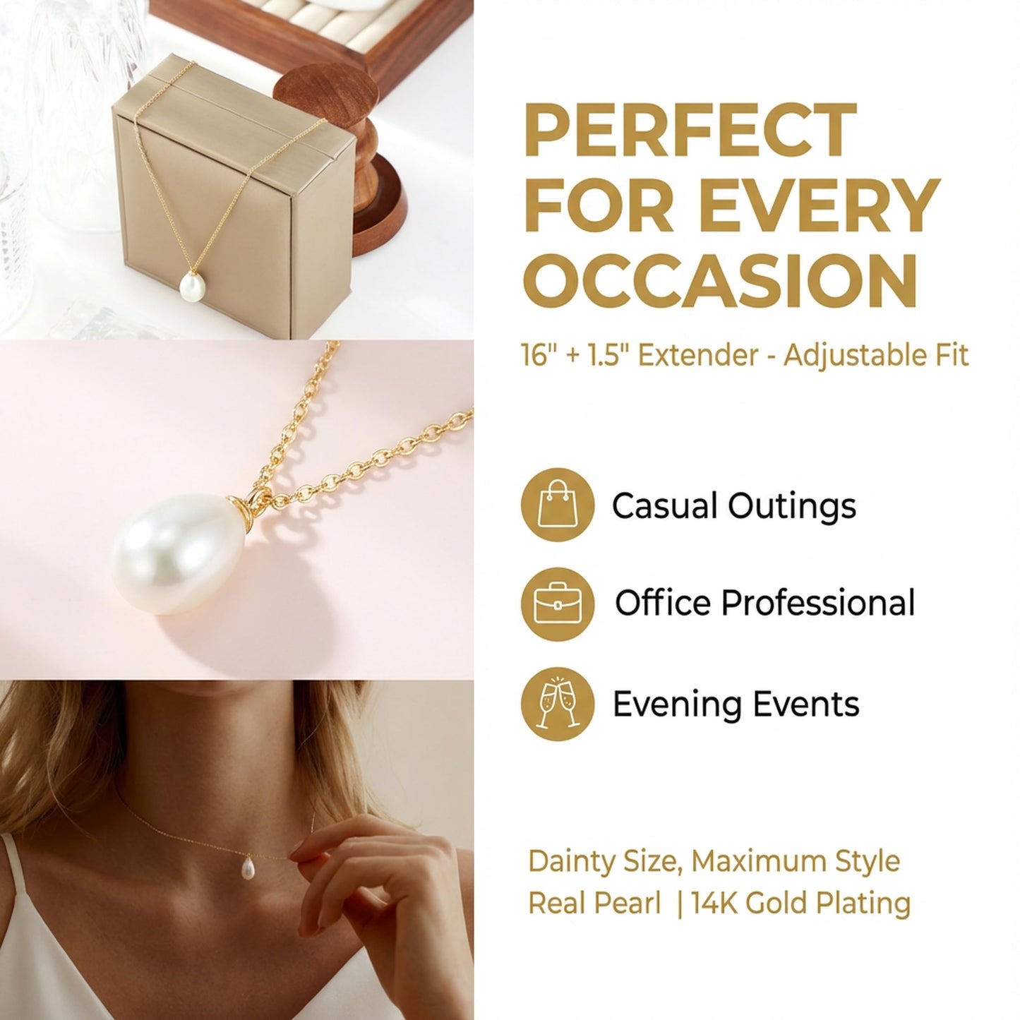 Caenyo 14K Gold Plated Dainty Pearl Necklace for Women, Handmade Single Freshwater Cultured Pearl Pendant Necklace, Minimalist Jewelry Gift for Her, 16+1.5 Inch
