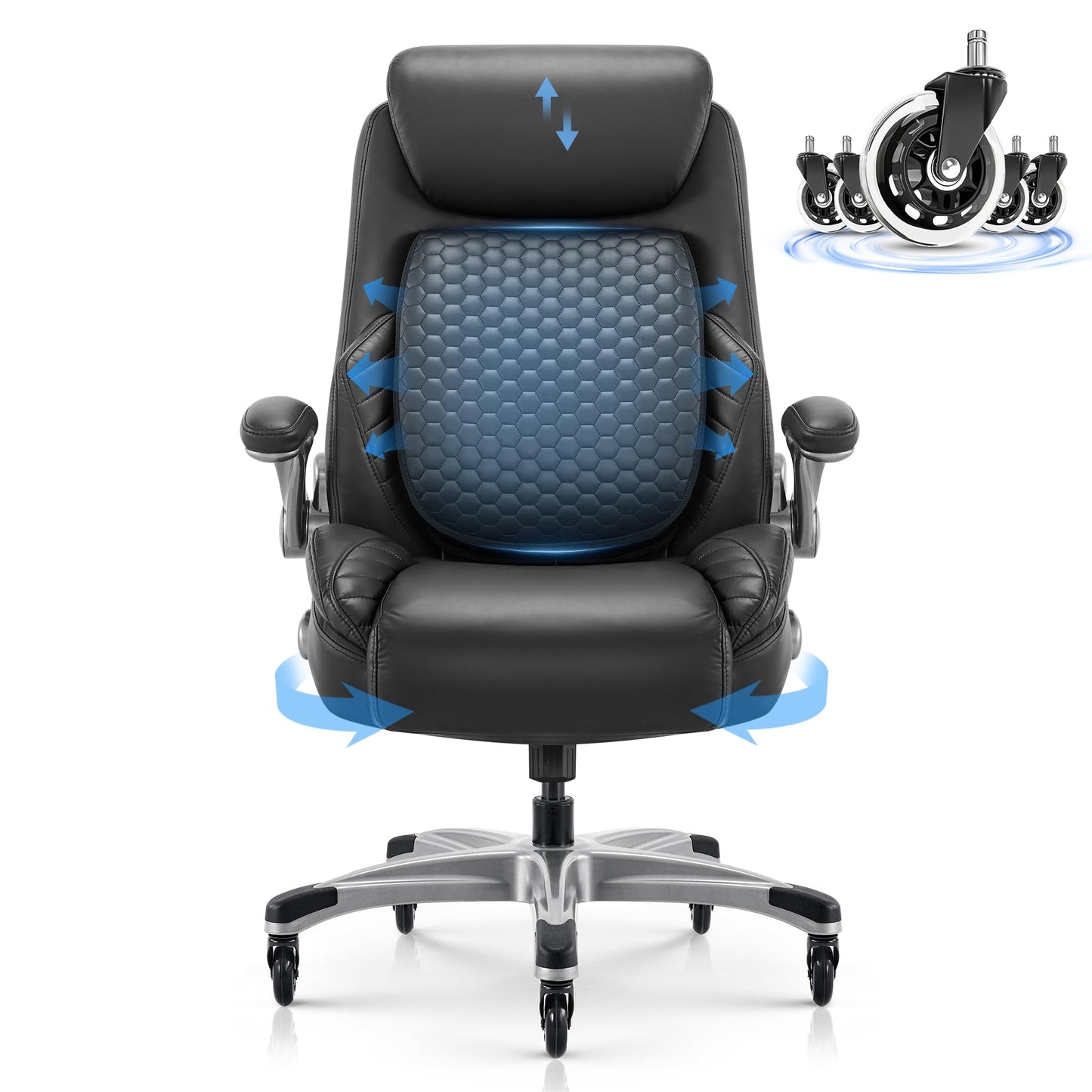 COLAMY Office Ergonomic Desk High Back Executive Chair with Pop-Out Lumbar Support, Upgraded Casters, Adjustable Headrest, Flip-Up Arms, Leather Home with Thick Cushion for Comfort - Black