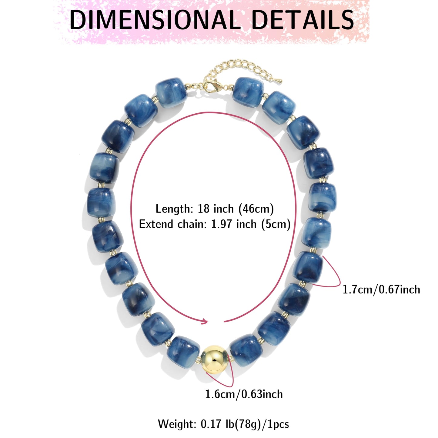 BREPINE Navy Blue Chunky Necklaces for Women Multicolored Large Square Resin Beads Necklace Trendy Bold Statement Beaded Summer Candy jelly Vacation Choker