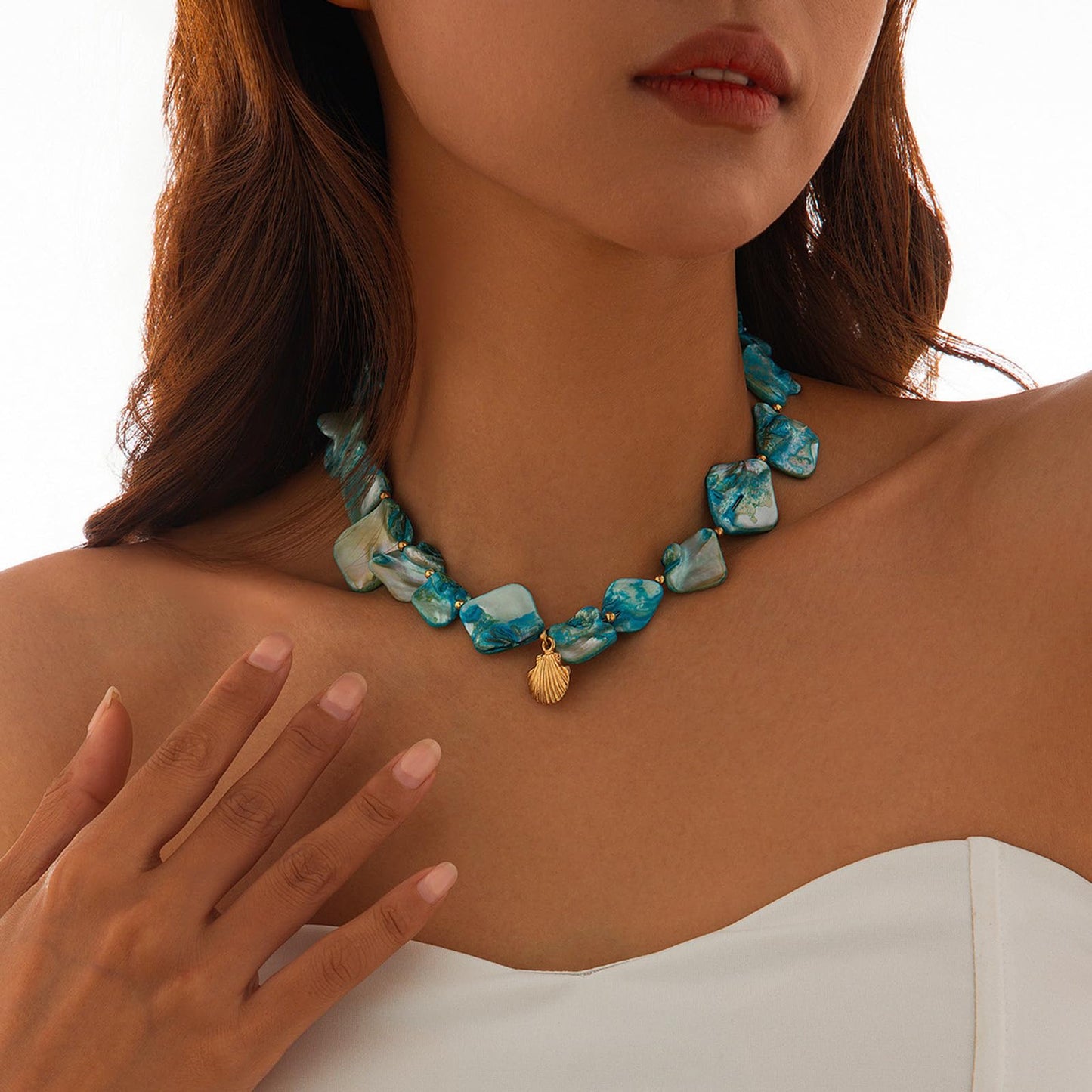 BYETOCE Metal Seashell Charm Necklace Blue Irregular Shell Pendant Necklace Boho Starfish Ocean Beaded Choker Summer Beach Fashion Statement Jewelry for Women Outfits Accessories