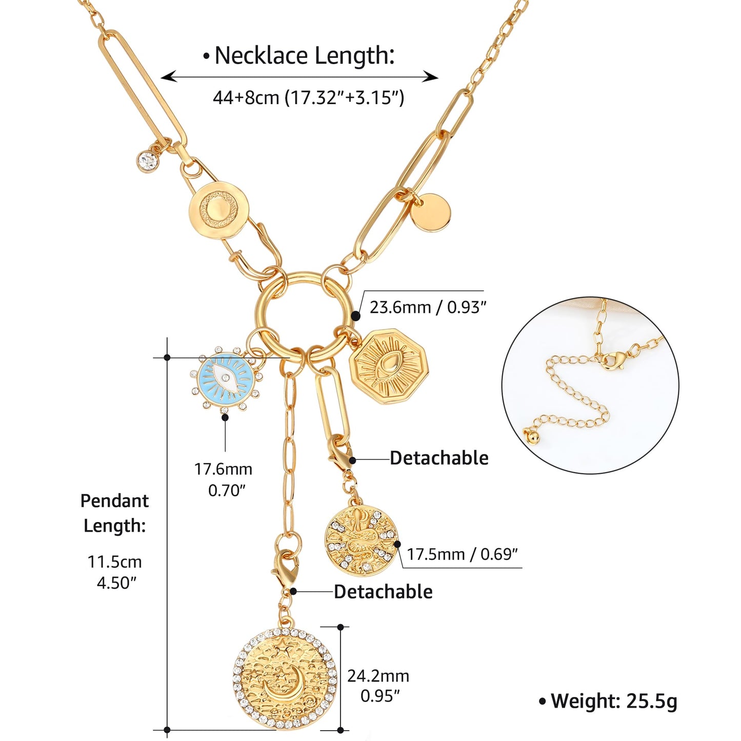 BONJOULRY Charm Necklace for Women Gold Safety Pin Necklace Evil Eye Moon Star Coin Celestial Charms Dainty Paperclip Chain DIY Tarot Card Pendant Y Choker Necklace Amulet Jewelry Gifts Snake