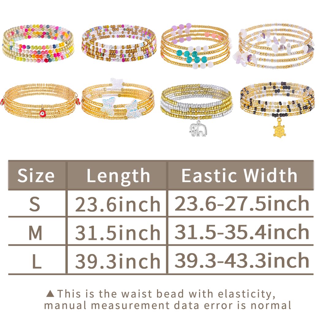 ELABEST 24-39inch African Waist Beads for Women 8Pcs Elastic Belly Beads Colorful Beaded Waist Jewelry Accessories Body Chain (Gold, 39.3inch/100cm)