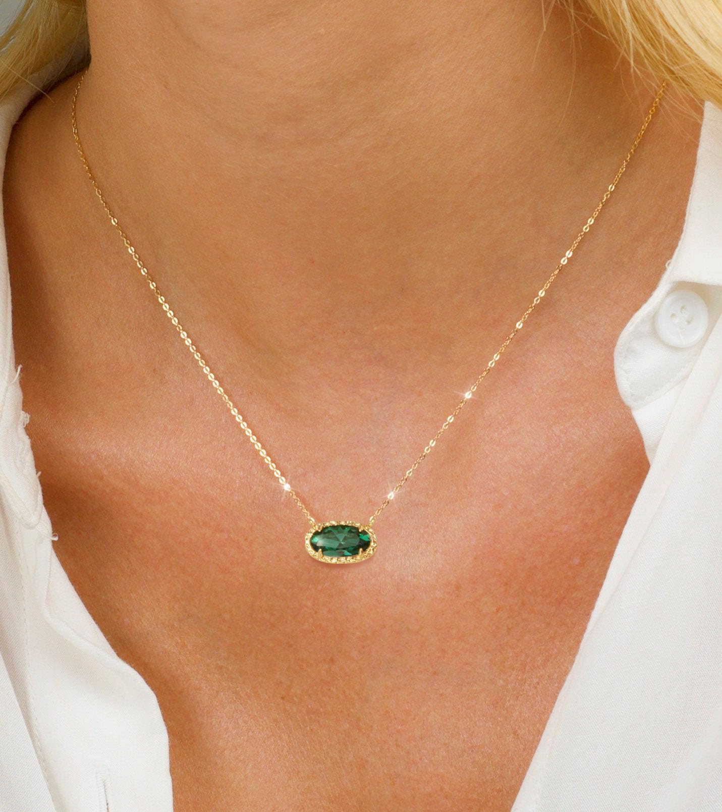 TLY Gold Necklace for Women 14k Gold Plated Dainty Oval Pendant Necklace Red Rose Quartz Druzy Stone Black Emerald Green Blue Choker Necklace Birthday Wedding Bridesmaid Prom Jewelry Gifts for Mom