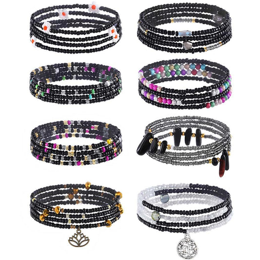 ELABEST 24-39inch African Waist Beads for Women 8Pcs Elastic Belly Beads Colorful Beaded Waist Jewelry Accessories Body Chain (Black, 27.5inch/70cm)