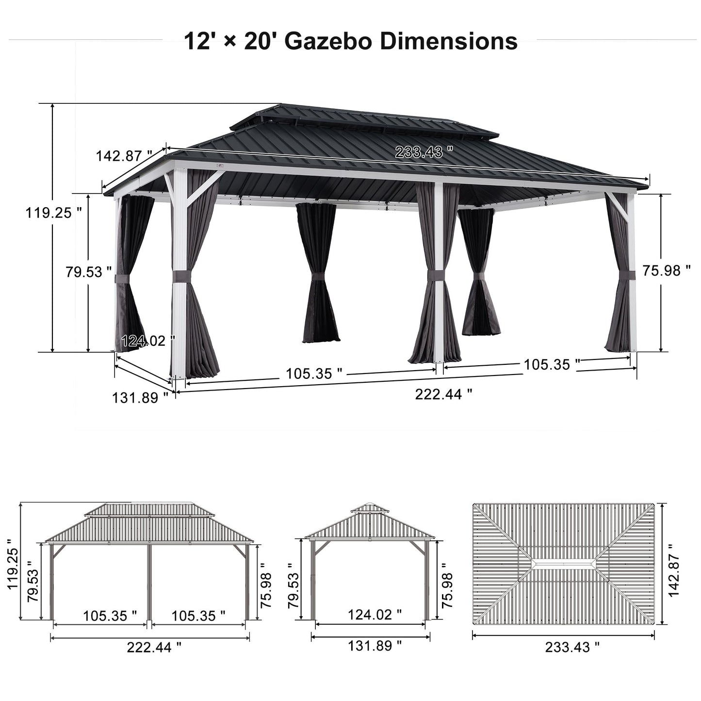 PURPLE LEAF 12' X 20' Hardtop Gazebo Metal Double Roof White Aluminum Frame Outdoor Heavy Duty Gazebo with Curtain and Netting for Patio Garden and Backyard, Grey