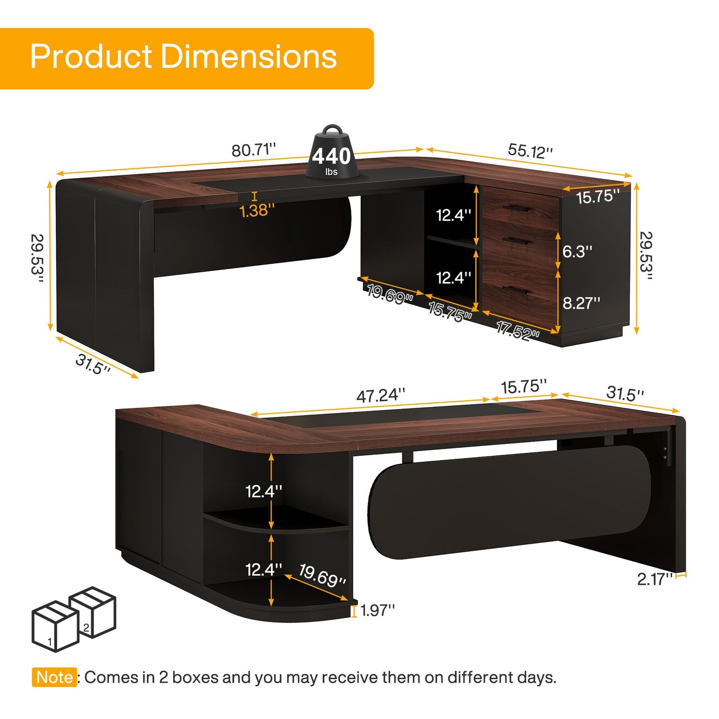 Tribesigns 80'' L-Shaped Desk Set of 4, Large Executive Office Desk with 55'' Drawers Cabinet, Modern Computer Table with Storage Shelves, Business Furniture for Office, Walnut & Black