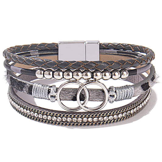 FANCY SHINY Boho Leather Wrap Bracelet Stackable Beaded Infinity Chunky Cuff Bracelets with Magnetic Clasp Western Hippie Outfits Jewelry Gifts for Women(Grey Leopard)