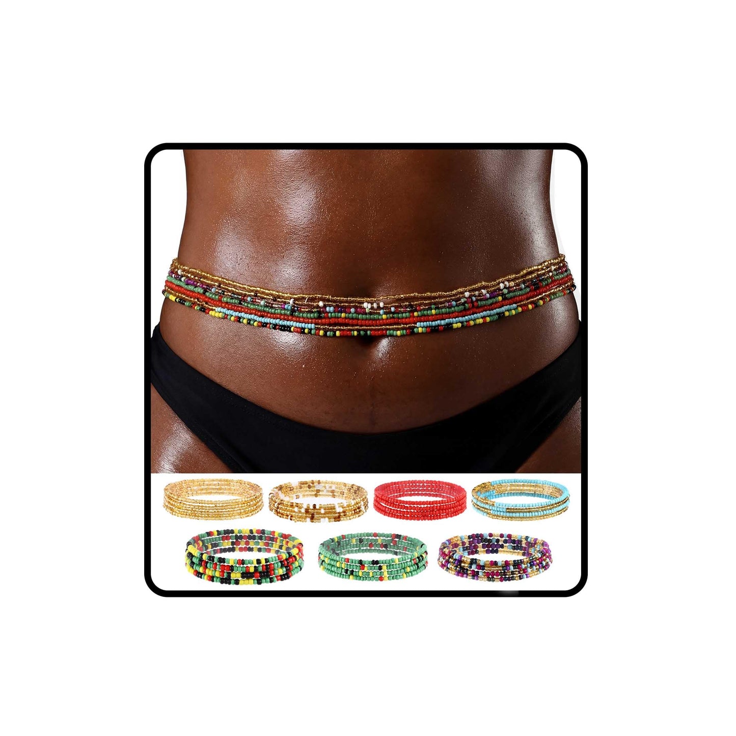 ELABEST African Waist Beads Chain Layered Belly Body Chain Beach 7Pack Waist Jewelry Body Accessories for Women (60inch/150cm)