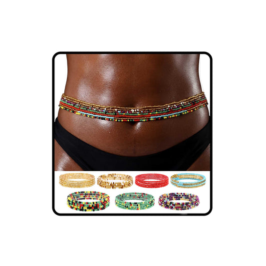 ELABEST African Waist Beads Chain Layered Belly Body Chain Beach 7Pack Waist Jewelry Body Accessories for Women (60inch/150cm)