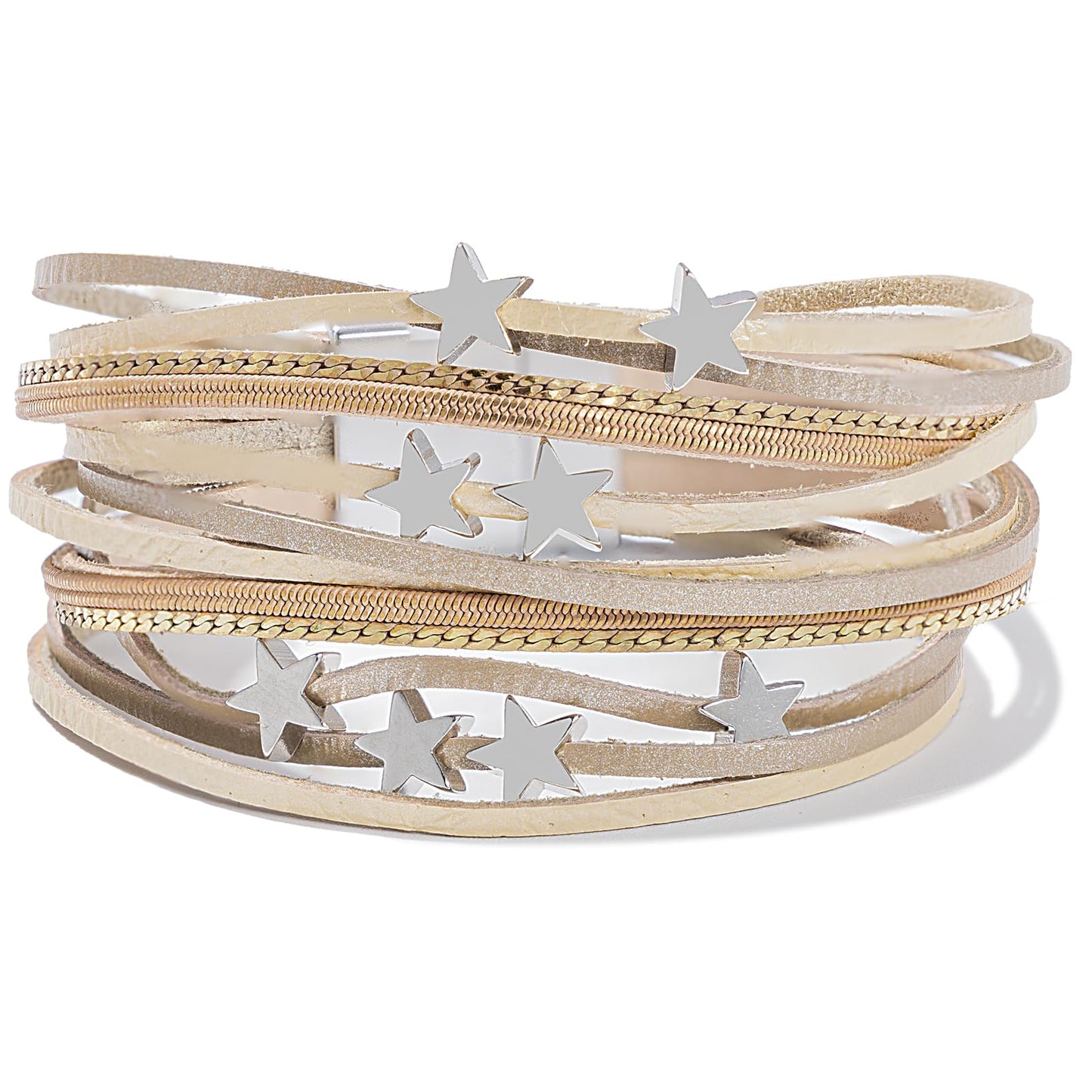 FANCY SHINY Leather Wrap Star Bracelet Boho Bangle Bracelets for Women Trendy Stackable Cute Star Bracelet with Magnetic Clasp(Metallic)