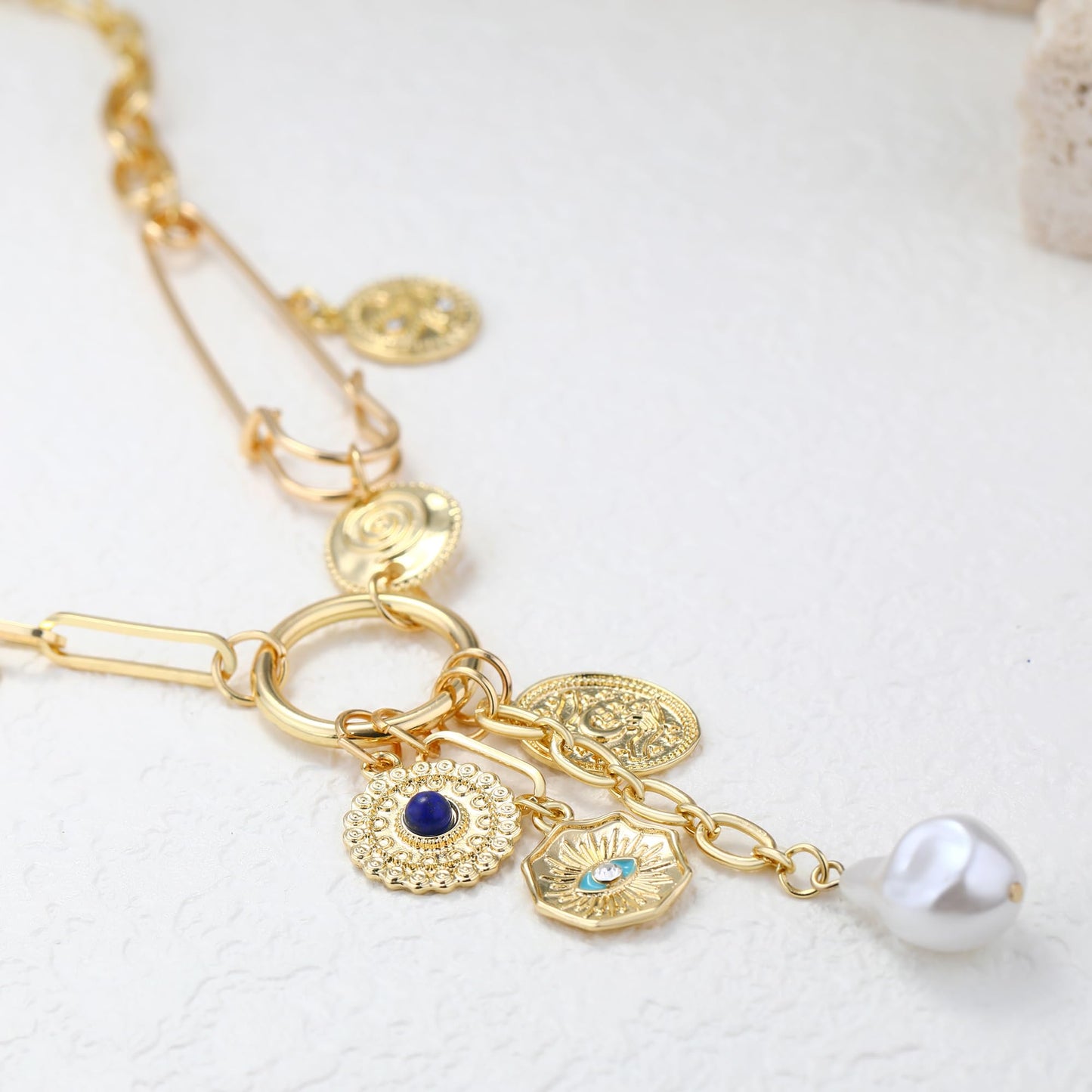 BONJOULRY Charm Necklace for Women Gold Evil Eye Pearl Blue Beads Coin Pendant Necklace Dainty Paperclip Chain Vintage Luck Amulet Choker Necklaces Celestial Jewelry Gift