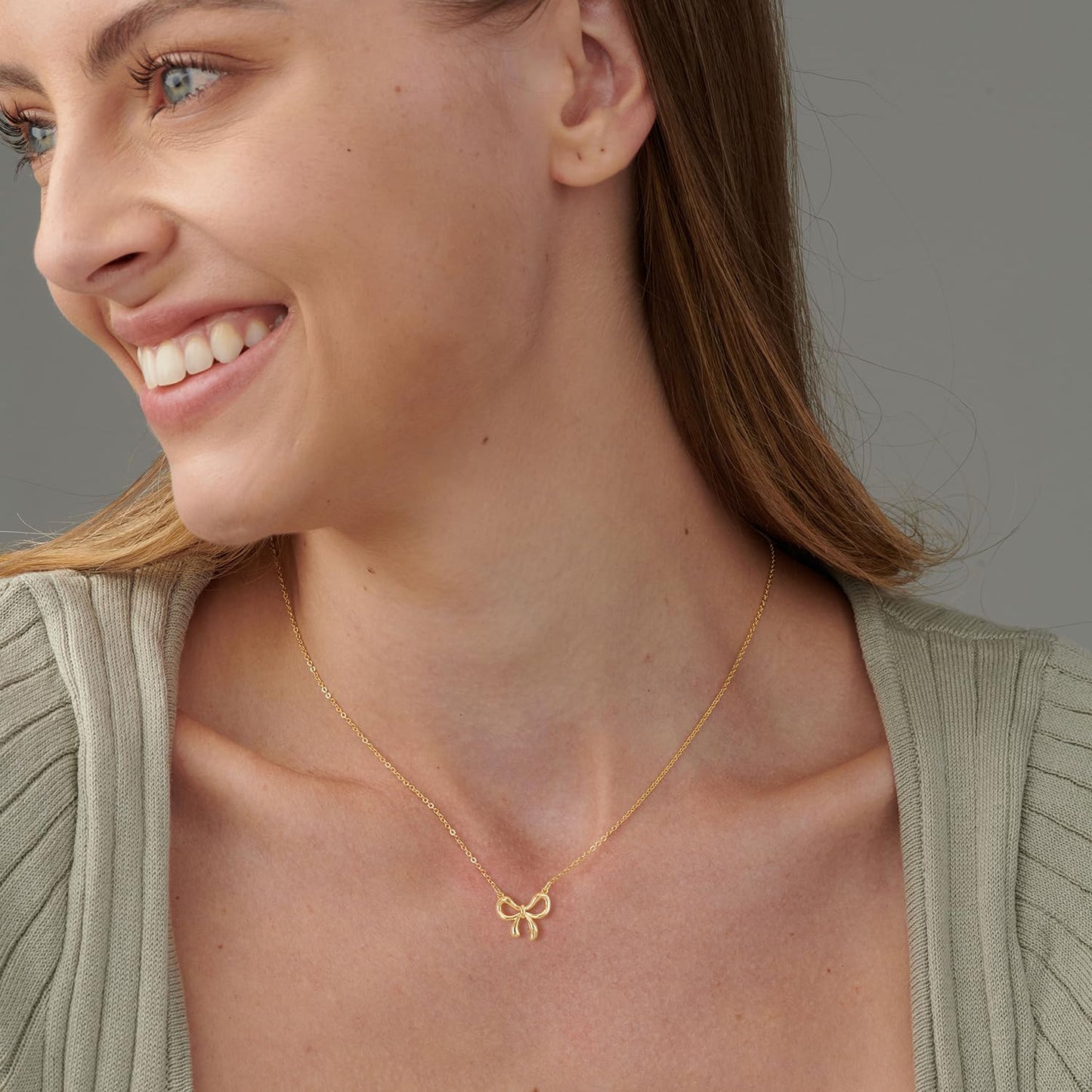 BSGRL Gold Necklace for Women- 14K Gold Plated Dainty Bow Necklace Cute 16.5"+2"