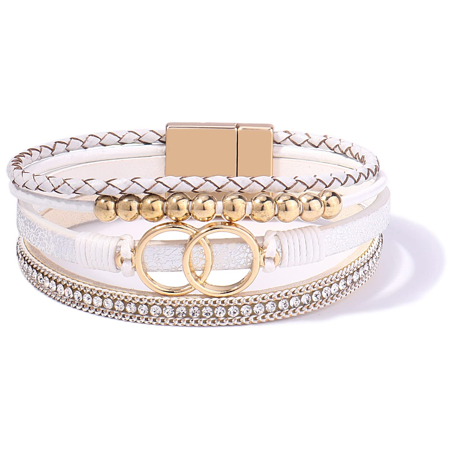 FANCY SHINY Boho Leather Wrap Bracelet Stackable Beaded Infinity Chunky Cuff Bracelets with Magnetic Clasp Western Hippie Outfits Jewelry Gifts for Women(White)