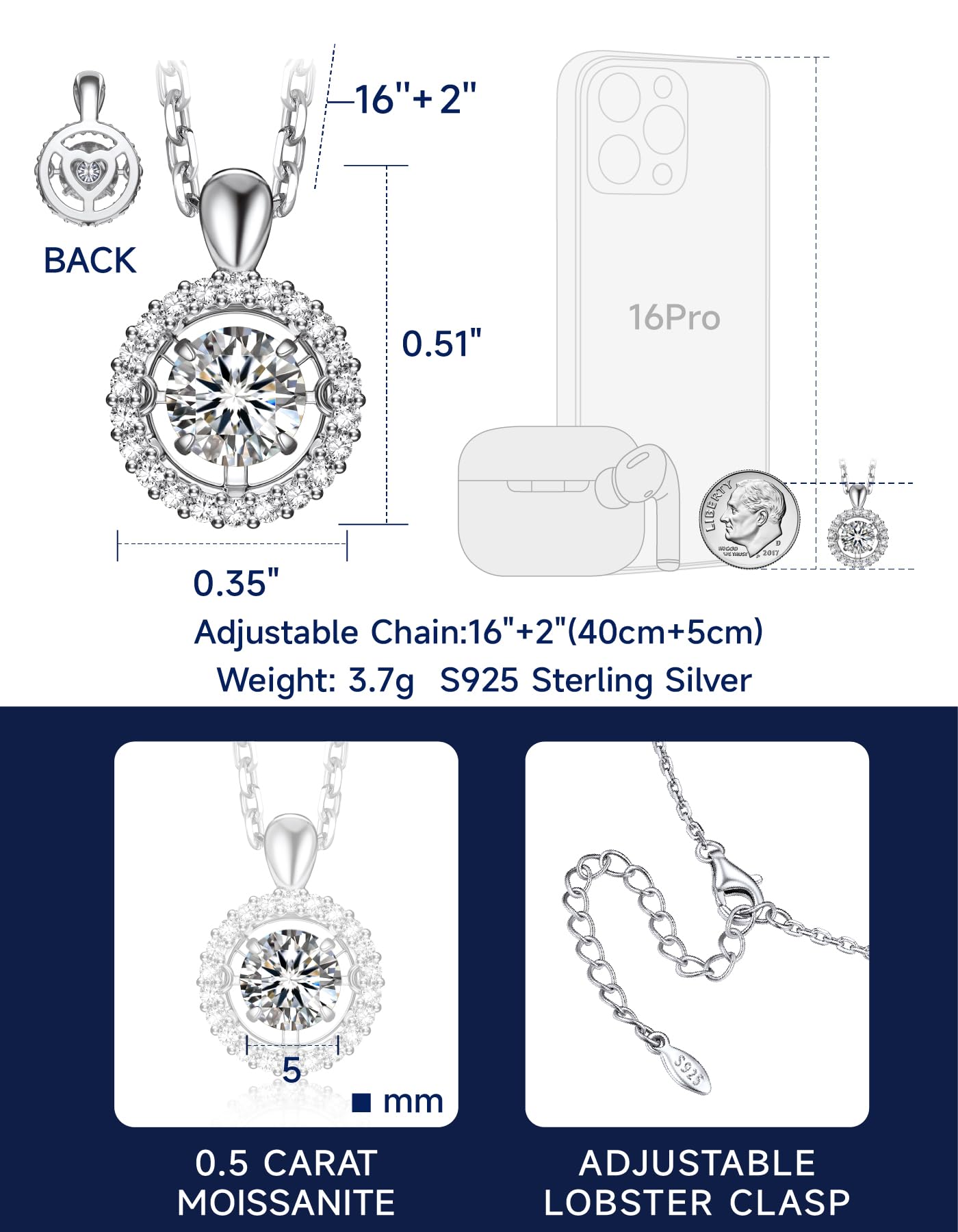 MomentWish 925 Sterling Silver Moissanite Necklace for Women 0.5Carat D Color VVS1 Moissanite Diamond Pendant Silver Accessories for Women Jewelry