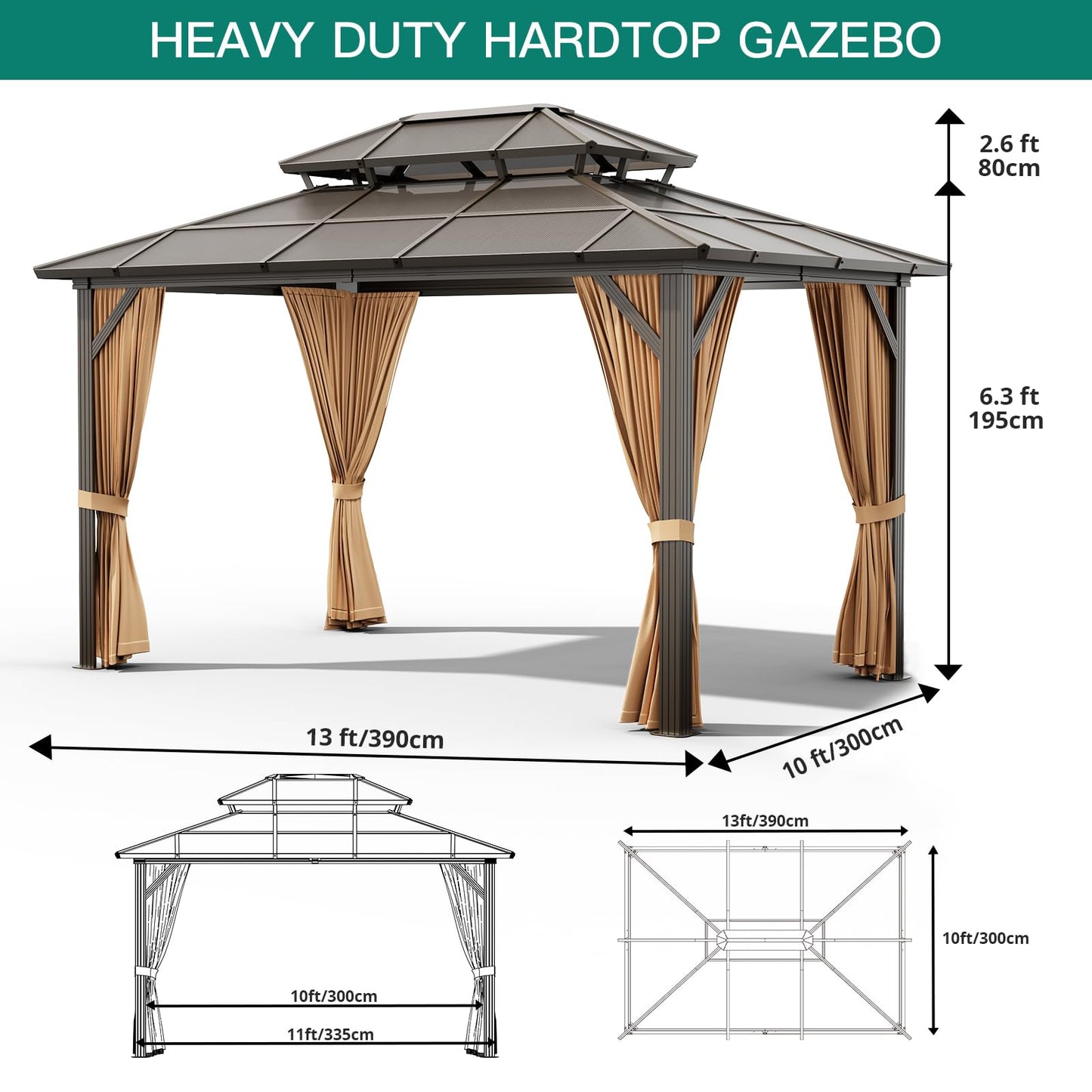 10x13 ft Permanent Aluminum Gazebo with Double-Layer PC Roof, Sturdy Metal Pavilion Canopy, All-Weather Outdoor Sunshade Structure with Retractable Curtains for Patio, Backyard, Garden, Deck