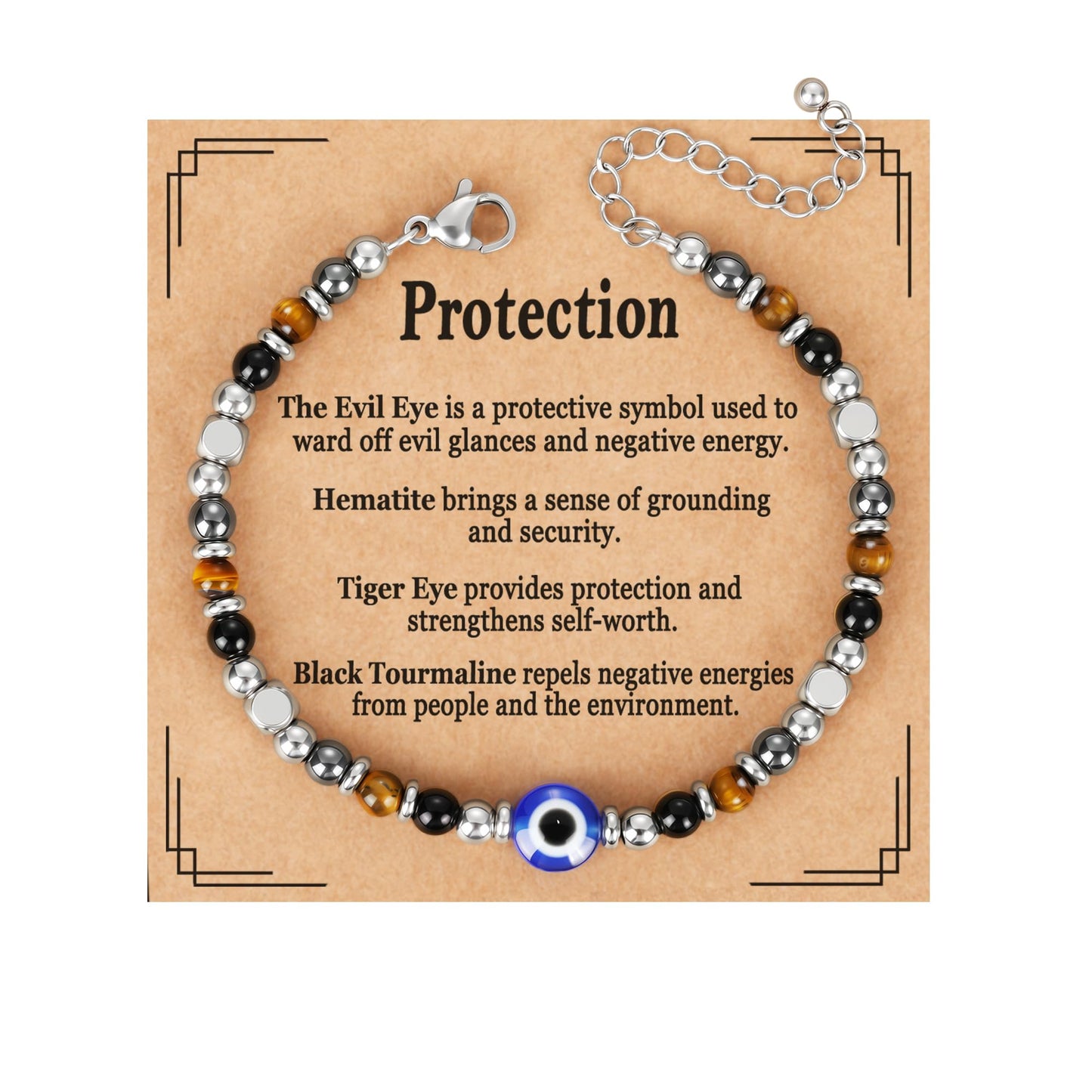 Pavkki Evil Eye Triple Protection Bracelet for Women Gifts Energy Hematite Black Tourmaline Tigers Eye Bead Crystal Healing Jewelry Natural Stones