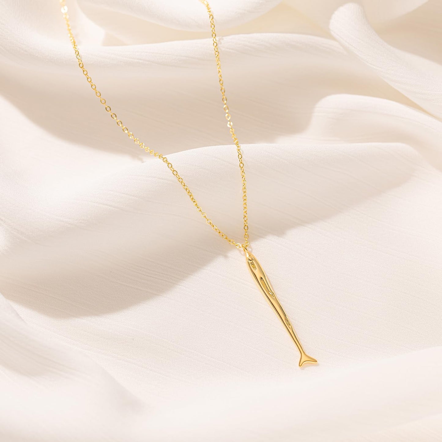 BSGRL Dainty Gold Necklace - 14K Gold-plated Long Thin Sardine Fish Beach Ocean Necklace for Women Brush Finished 16.5"+2"