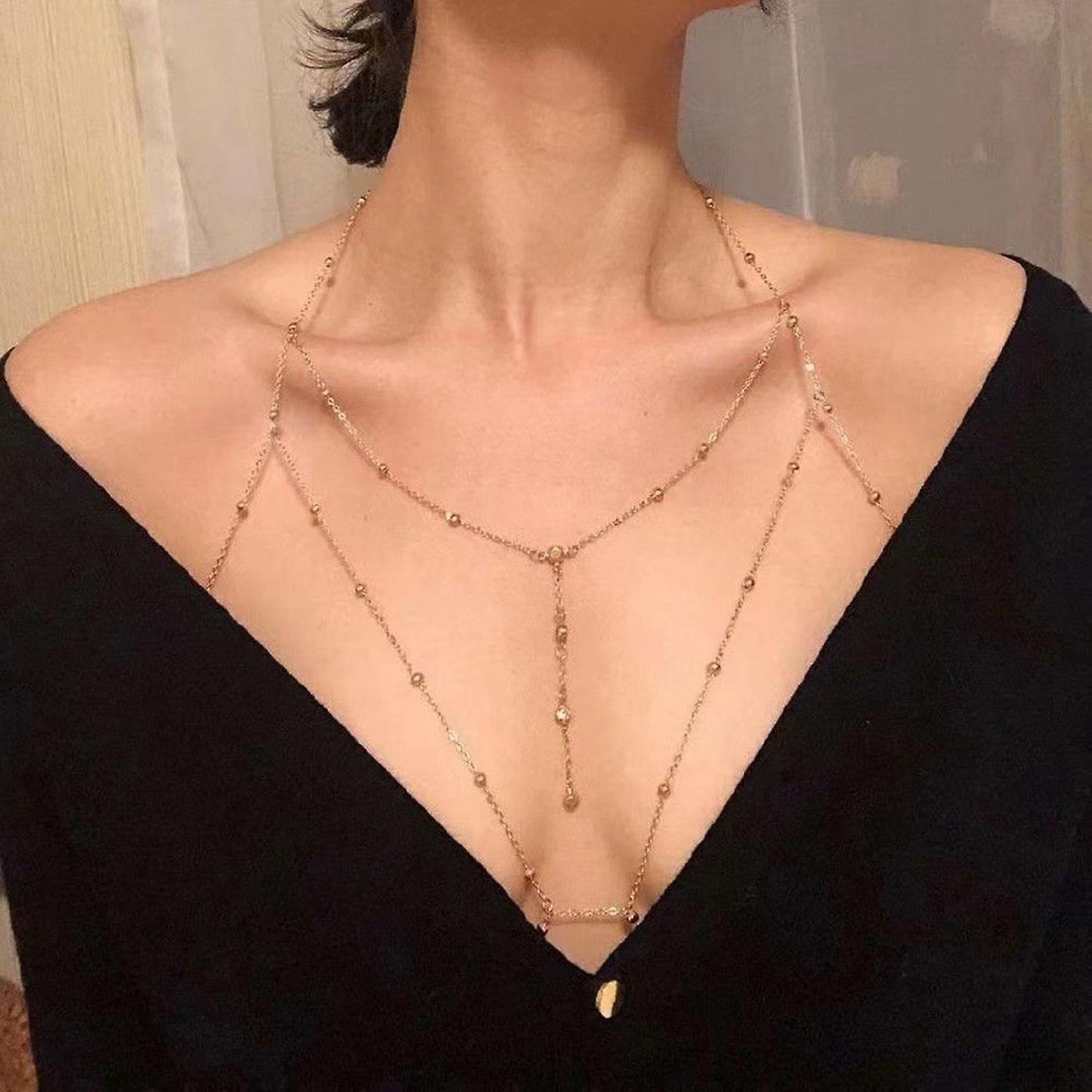 14K Gold Plated Body Chains for Women, Sexy Layered Belly Waist Chain Crossover Bikini Bra Chain, Summer Beach Rhinestone Body Jewelry(4 Imitation Diamonds)