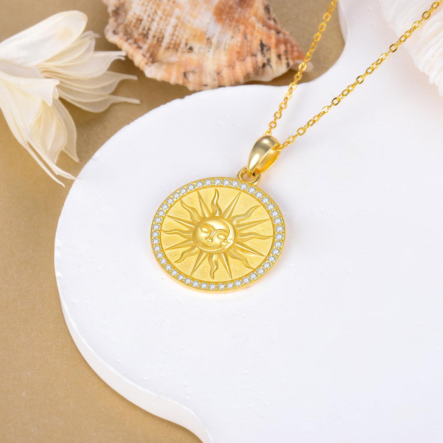 KQF Sun Coin Necklace for Women Sterling Silver Sun 18K Gold Coin Pendant Necklace Greek Celestial Jewelry Gifts for Women