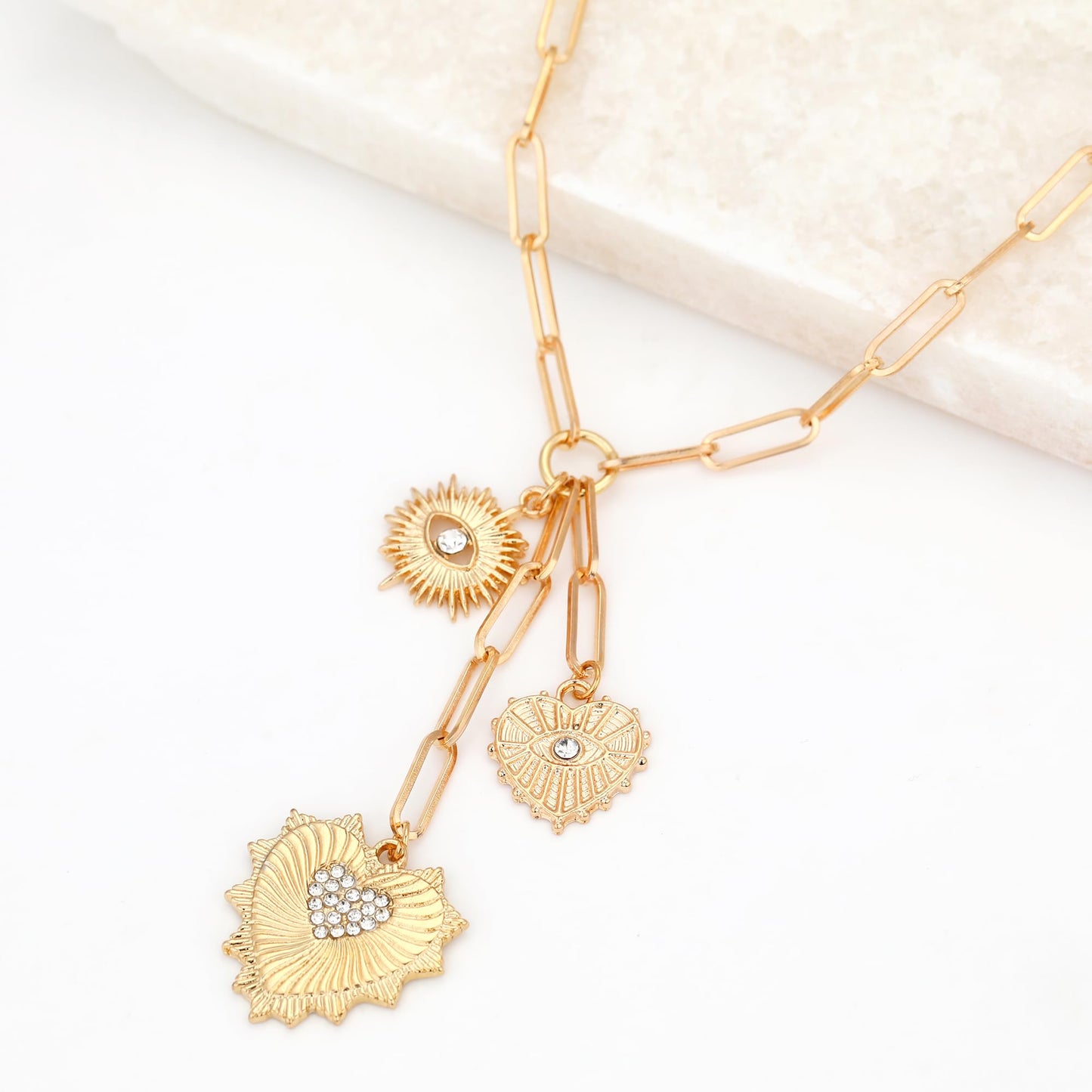 BONJOULRY Chunky Gold Sun Heart Necklace for Women Evil Eye Heart Charm Pendant Necklace Zirconia Charm Necklace Fashion Gold Jewelry Pendant Necklace for Women