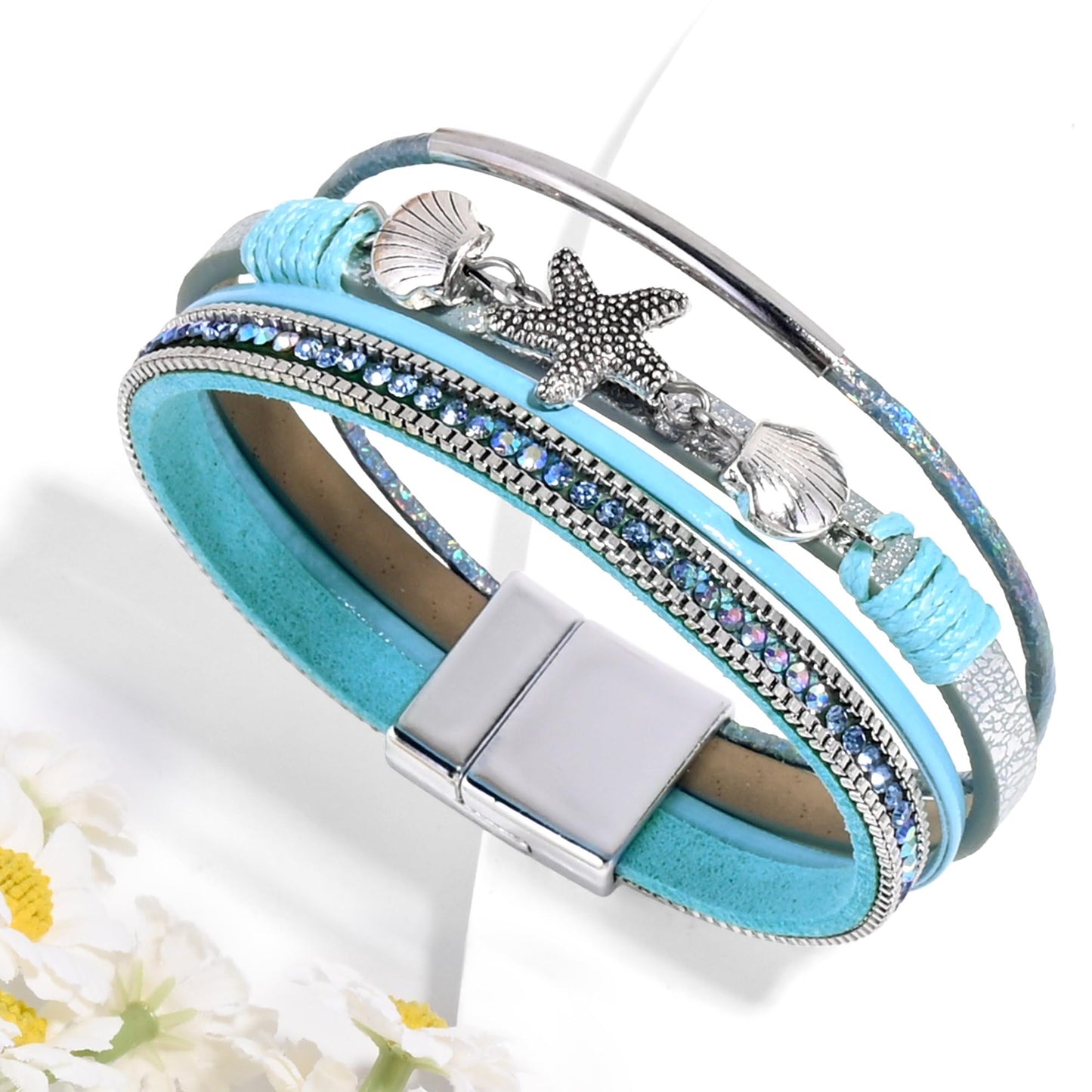VIBILIA Boho Leather Wrap Bracelets for Women Shell starfish Multi-Layer Bracelets with Strong Clasp Jewelry for Women-Blue