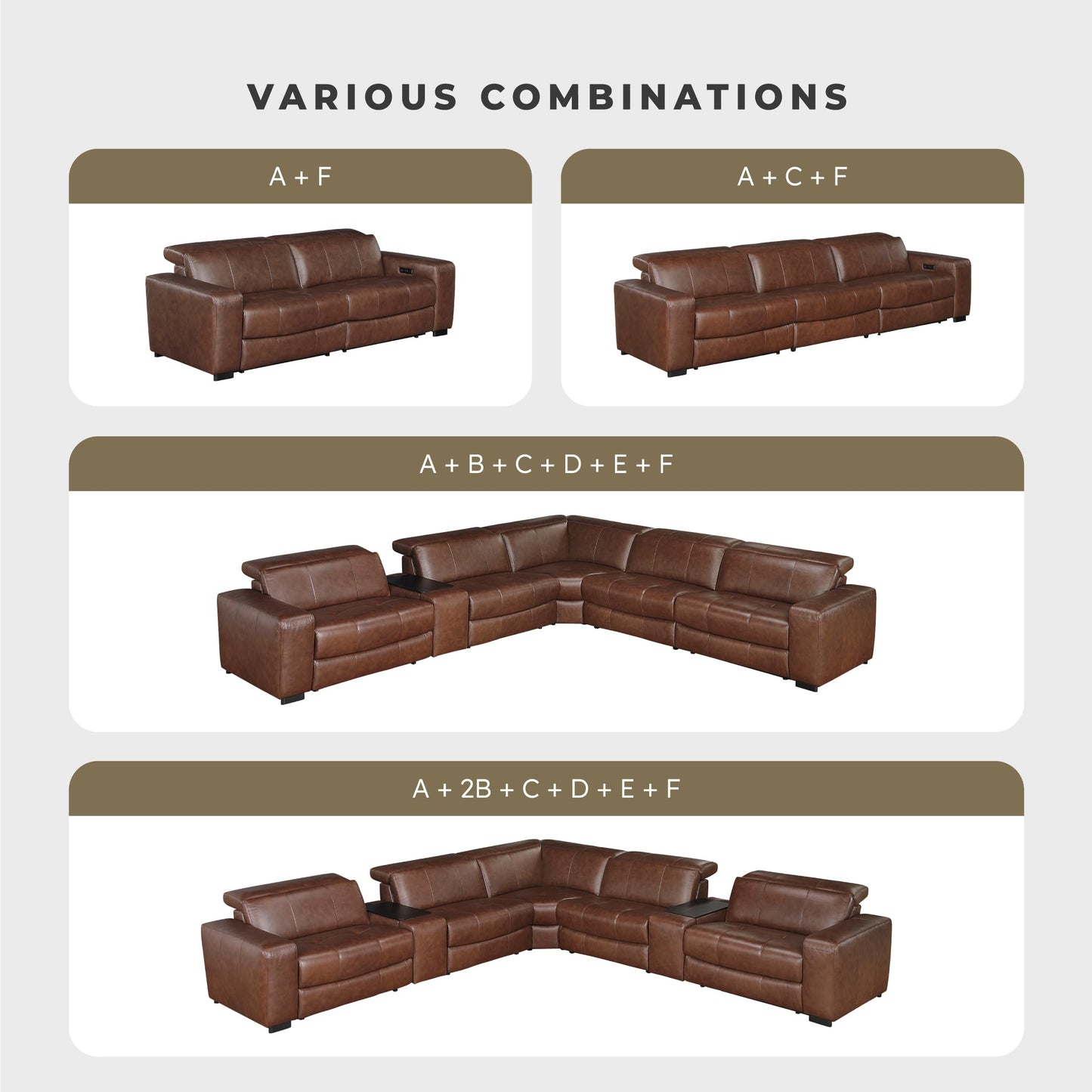 Lexicon Sectional Couches for Living Room-Modular Sectional Sofa, Power Double Reclining Loveseat with Center Console, Power Headrests, Charging Ports, Dual Cup Holders, Top Grain Leather Brown
