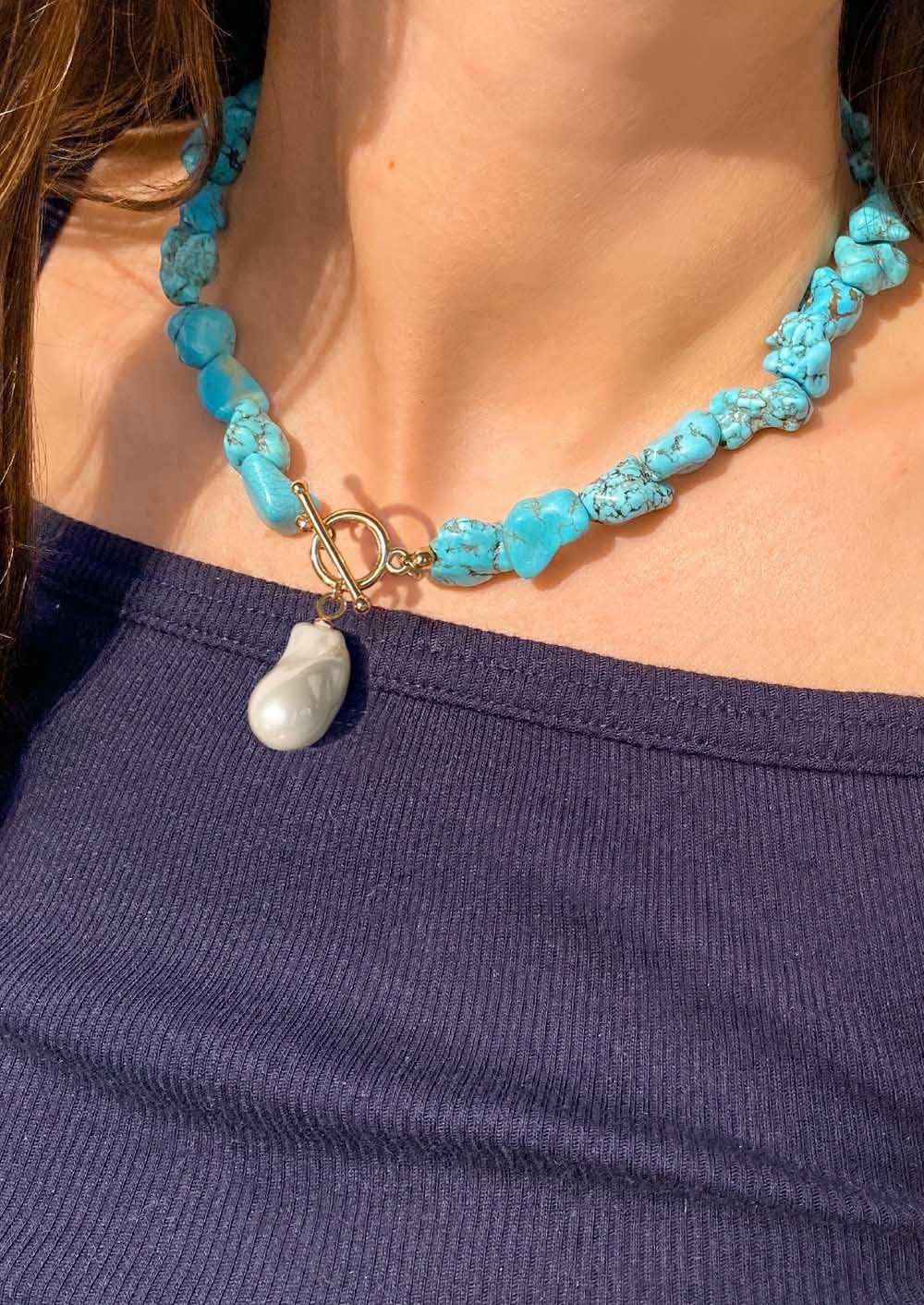 POTESSA Natural Turquoise Necklaces for Women Bohemian Beaded 18k Gold Toggle Baroque Pearl Pendant Necklace Summer Jewelry