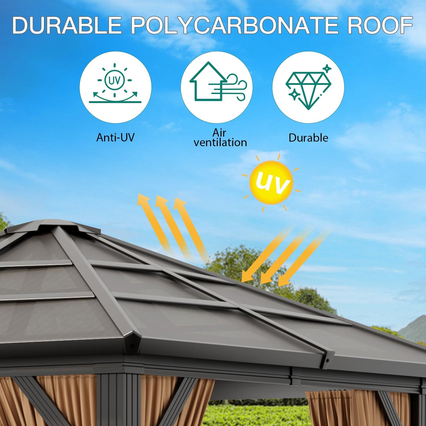 GAOMON 10x12ft Gazebo, Hardtop Outdoor Canopy Aluminum Frame Permanent Gazebo with Netting and Curtains, Polycarbonate Garden Tent for Patio, Lawn, Backyard, Deck (10'x12')