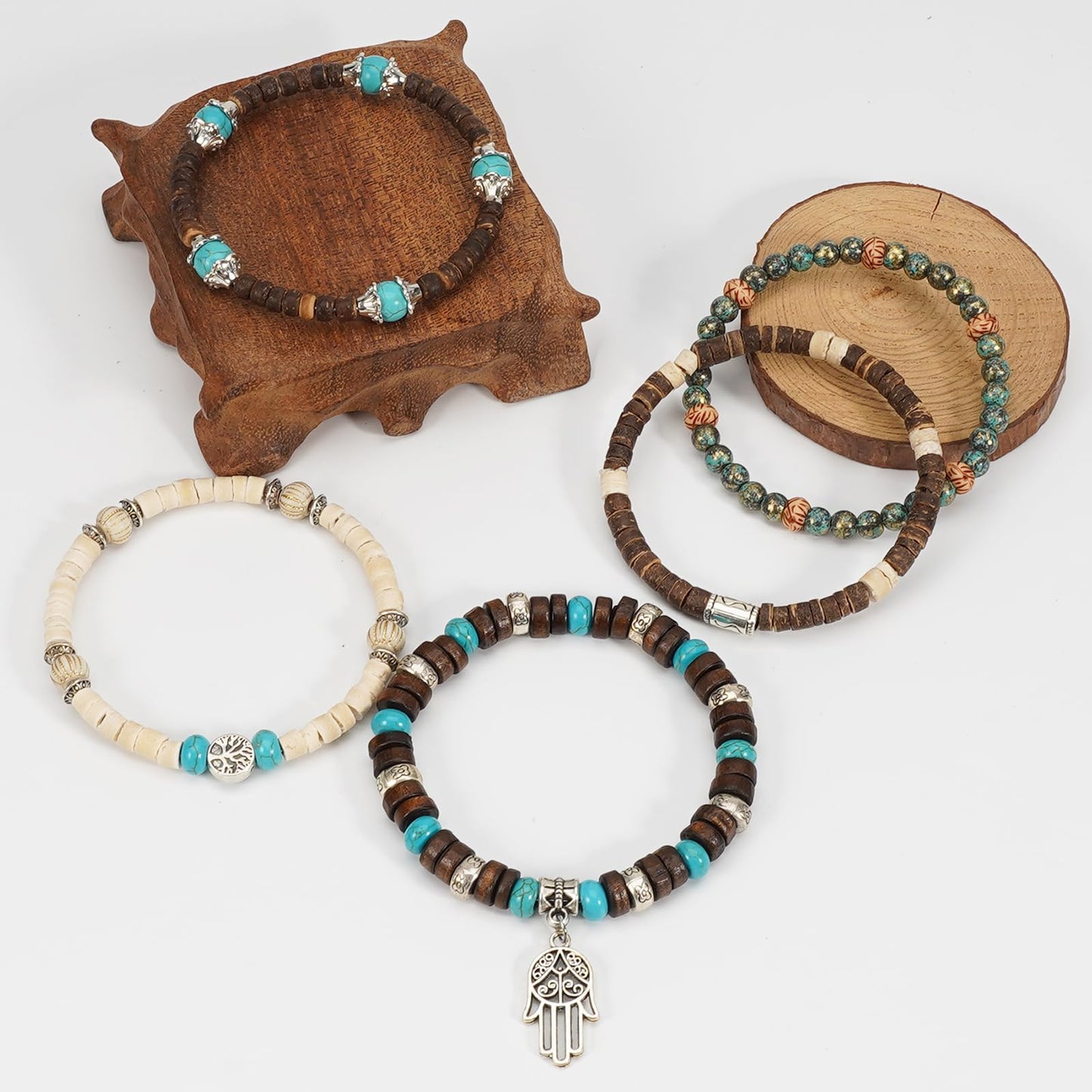Briutn Boho Bracelets for Women Stackable Wooden Turquoise Adjustable Stretch Bracelet for Men