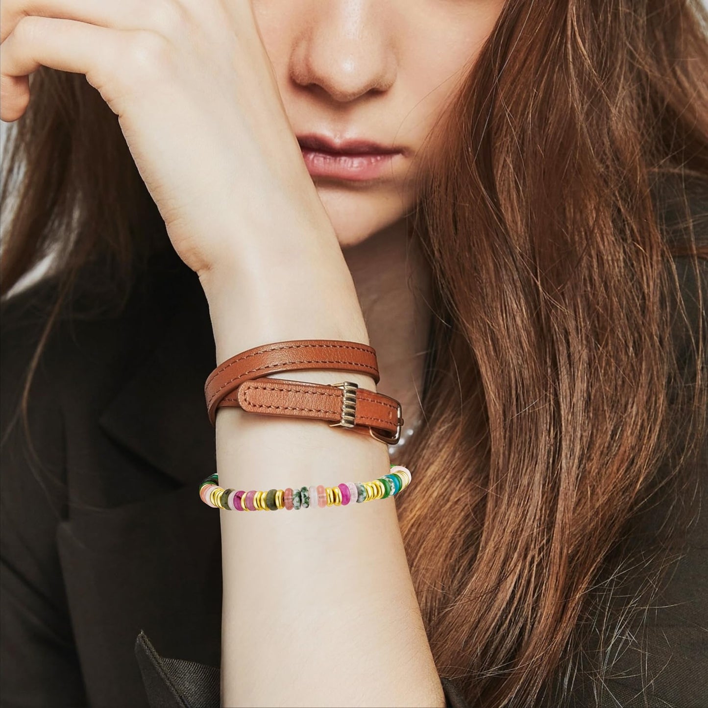Boho Beaded Bracelets for Women, Colorful Summer Beach Bangle Bracelets, Natural Stone Rainbow Bead Bracelet, Handmade Trendy Fashion Jewelry Gifts (6MM)