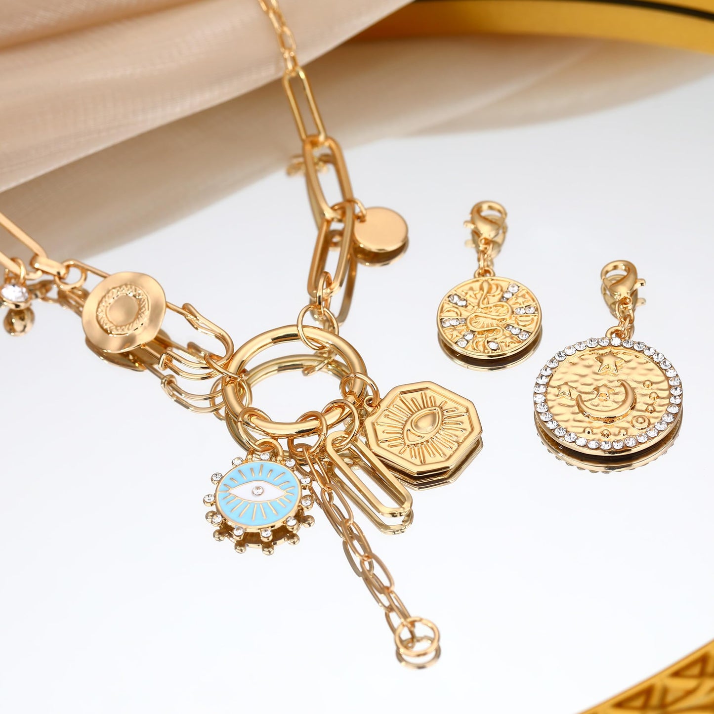 BONJOULRY Charm Necklace for Women Gold Safety Pin Necklace Evil Eye Moon Star Coin Celestial Charms Dainty Paperclip Chain DIY Tarot Card Pendant Y Choker Necklace Amulet Jewelry Gifts Snake