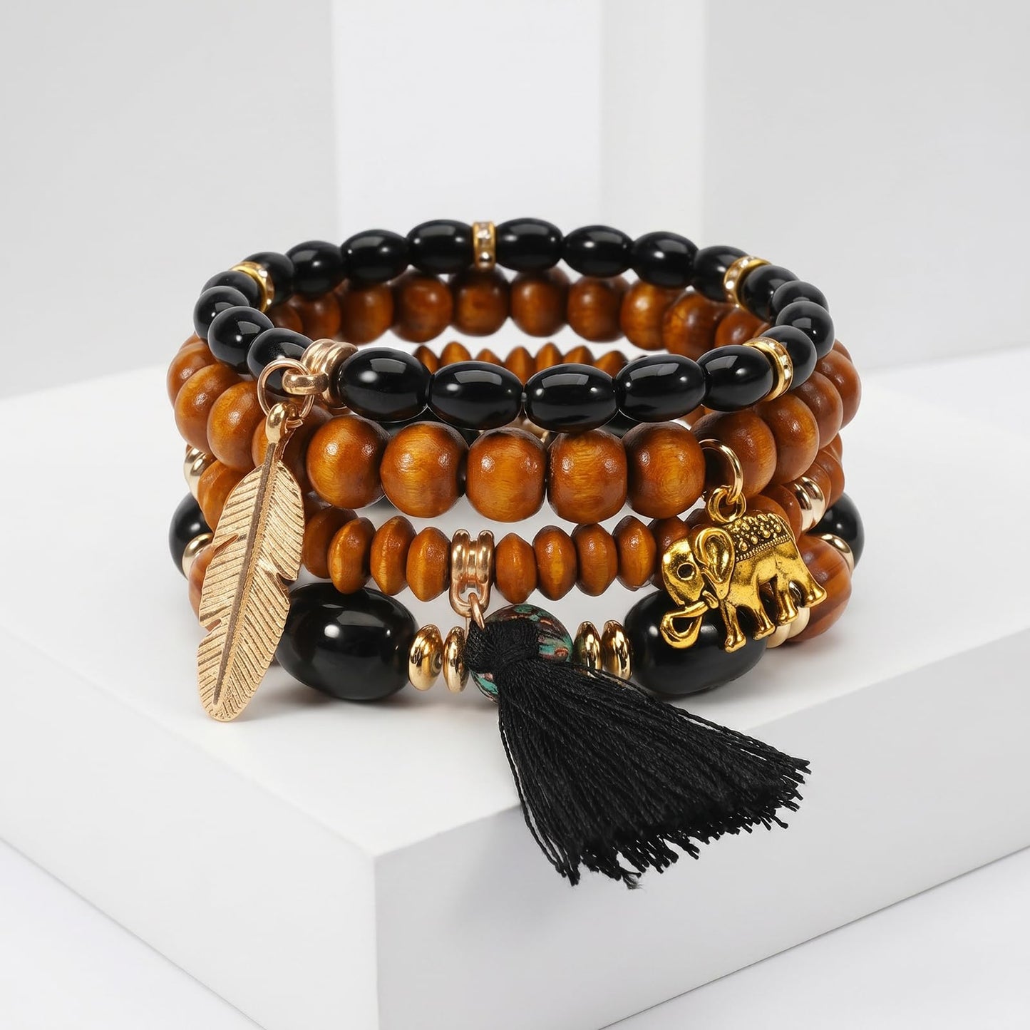 Briutn Bohemian Layered Beaded Bracelet Set Wood Beads with Feather Elephant Tassel Charms Stackable Stretch Bracelets for Women Boho Jewelry Gifts