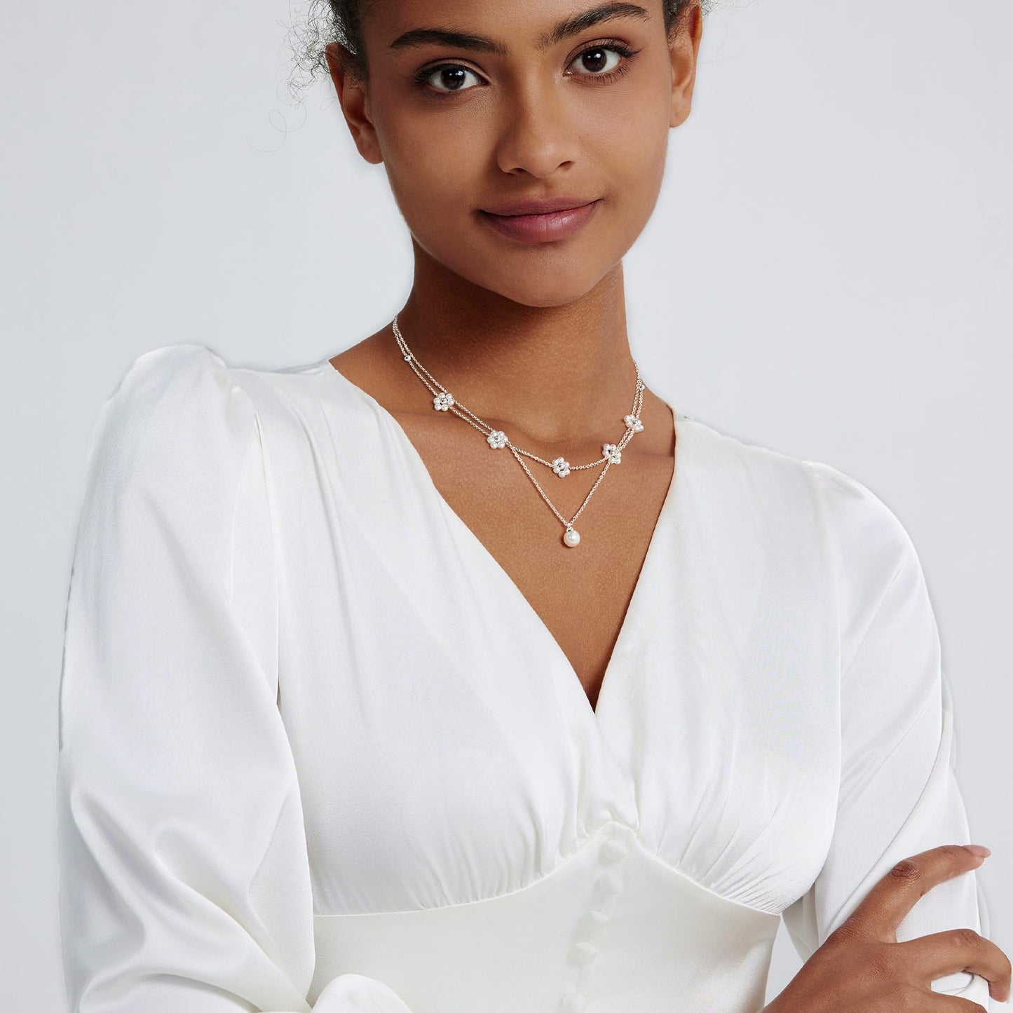 OGD Layered Silver Pearl Necklaces 925 Silver Plated Dainty Layered Single Simple Pearl Choker Chain Cute Daisy Pearls Choker Necklace Set Flower Necklaces for Women Trendy Jewelry Gifts