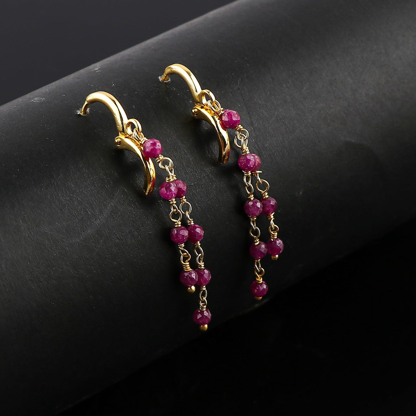 CRYSTALINES (3pcs) Natural Ruby Gemstone Cluster Jewelry Combo Set, 14K Gold Plated, Crystals Beads Rosary Chain, Handmade Bohemian Jewelry - Bracelets, Necklace, Earrings for Women