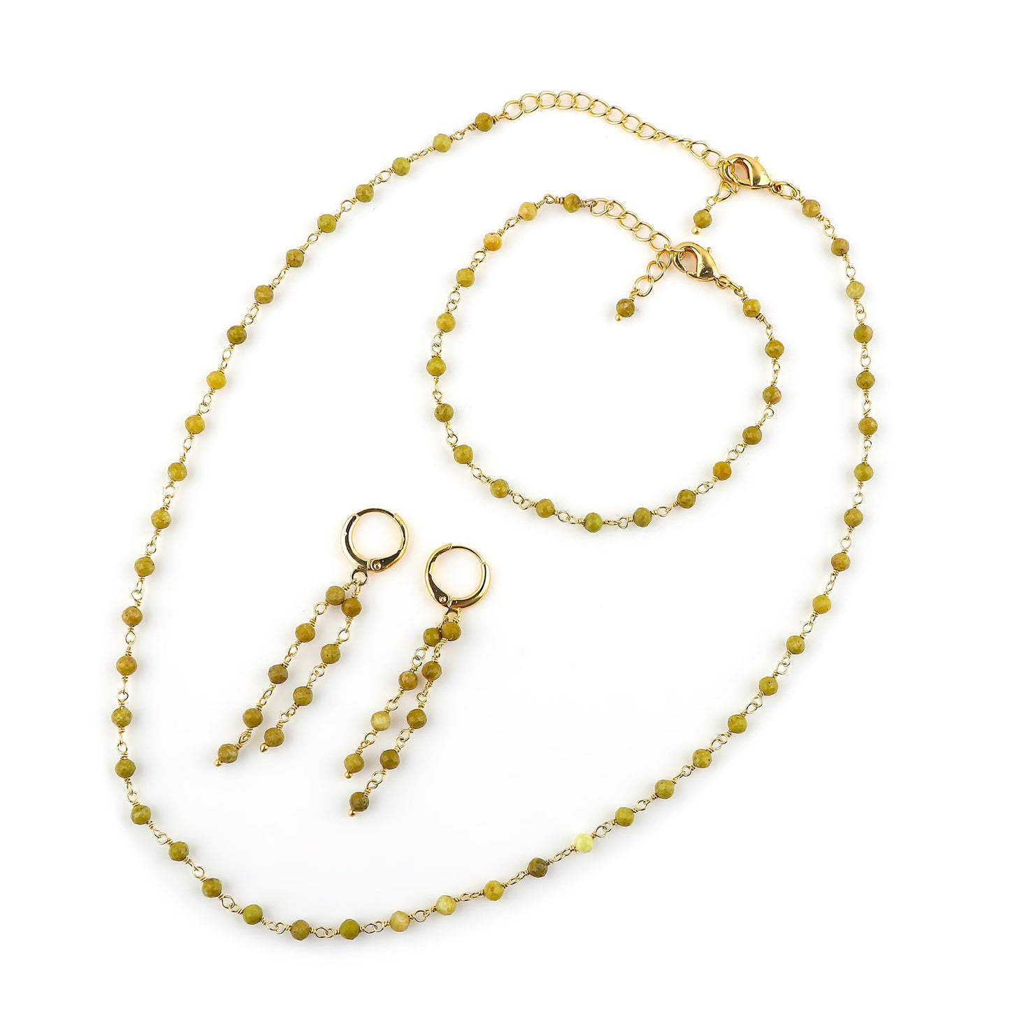 CRYSTALINES (3pcs) Natural Green Opal Gemstone Cluster Jewelry Combo Set, 14K Gold Plated, Crystals Beads Rosary Chain, Handmade Bohemian Jewelry - Bracelets, Necklace, Earrings for Women