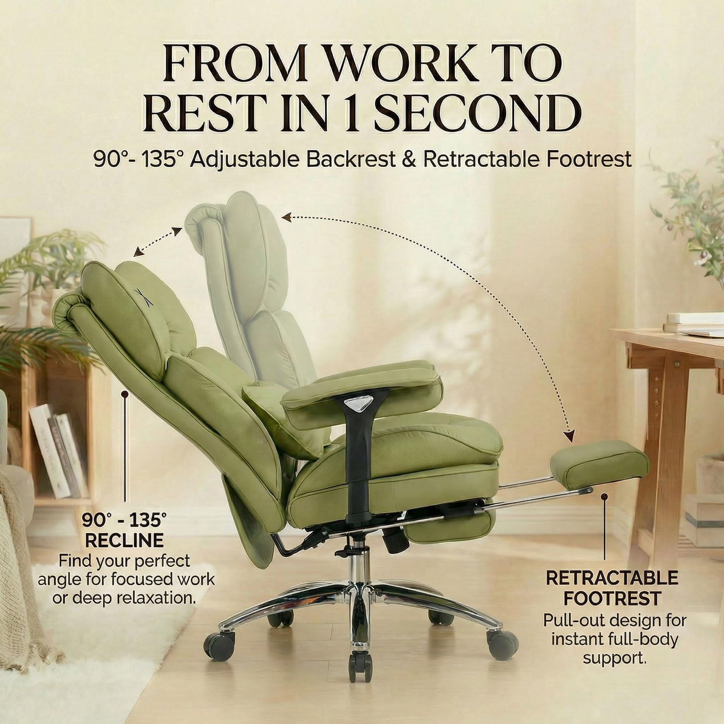 Efomao Big & Tall Executive Office Chair with Footrest - 400lbs Heavy Duty High Back PU Leather Desk Chair, Modern Ergonomic Reclining Computer Chair, Green